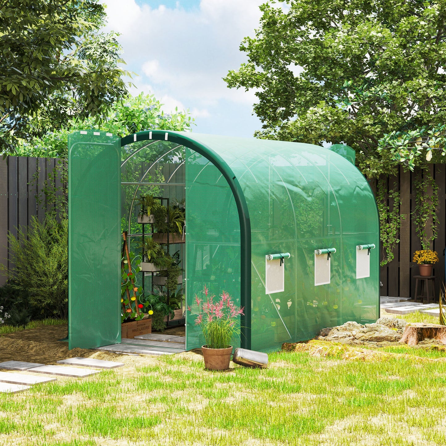 3 x 2(m) Walk-in Polytunnel Greenhouse with Upgraded Structure, 2 Hinged Doors, 6 Mesh Windows, Tunnel Warm House Tent with UV-resistant PE Cover, Green
