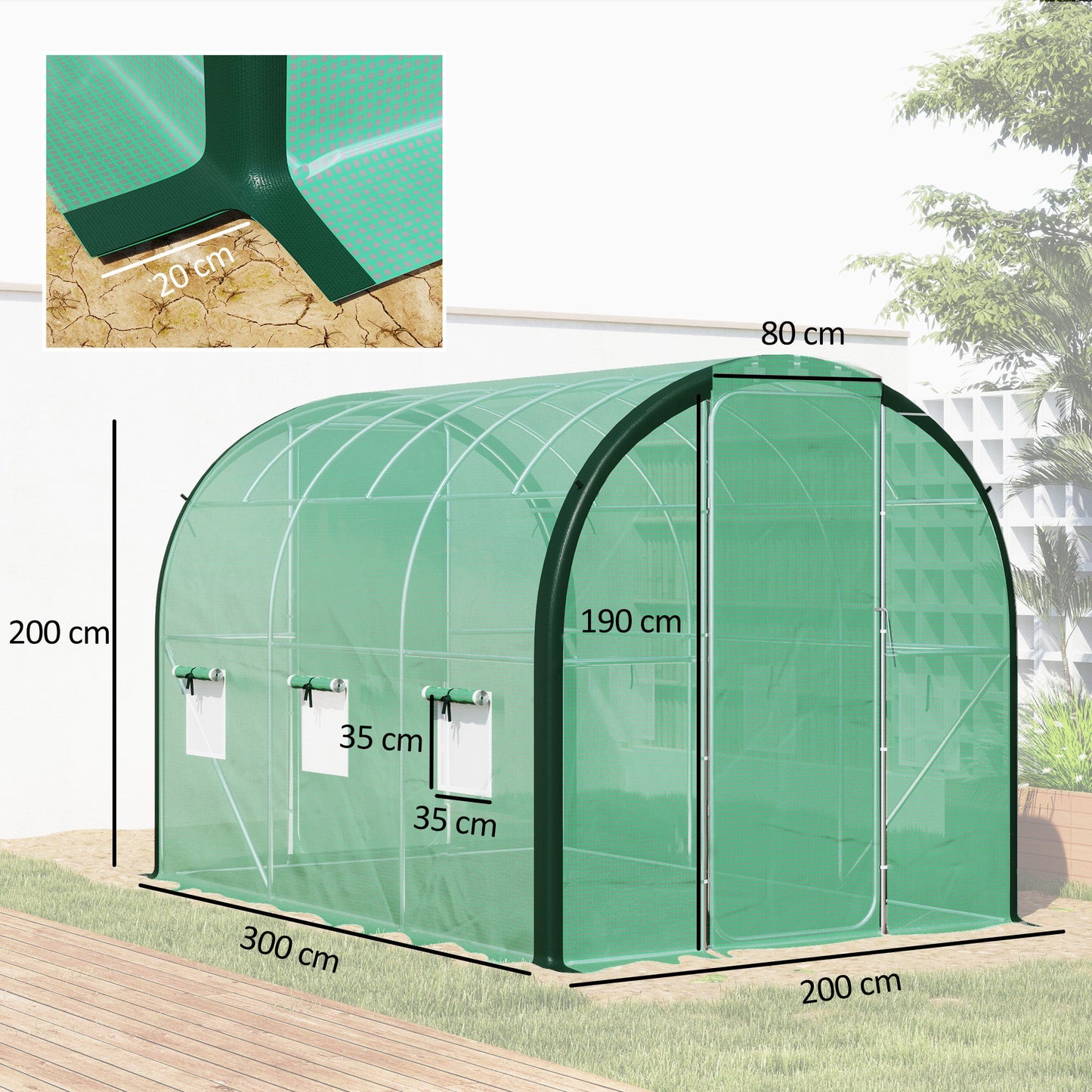 3 x 2(m) Walk-in Polytunnel Greenhouse with Upgraded Structure, 2 Hinged Doors, 6 Mesh Windows, Tunnel Warm House Tent with UV-resistant PE Cover, Green