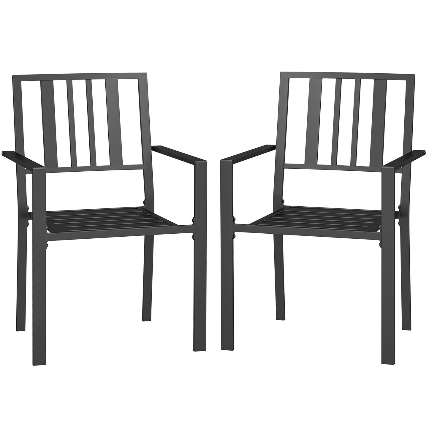 Set of 2 Garden Chairs, Stackable Outdoor Chairs with Metal Slatted Seat & Backrest, for Yard, Garden, Black