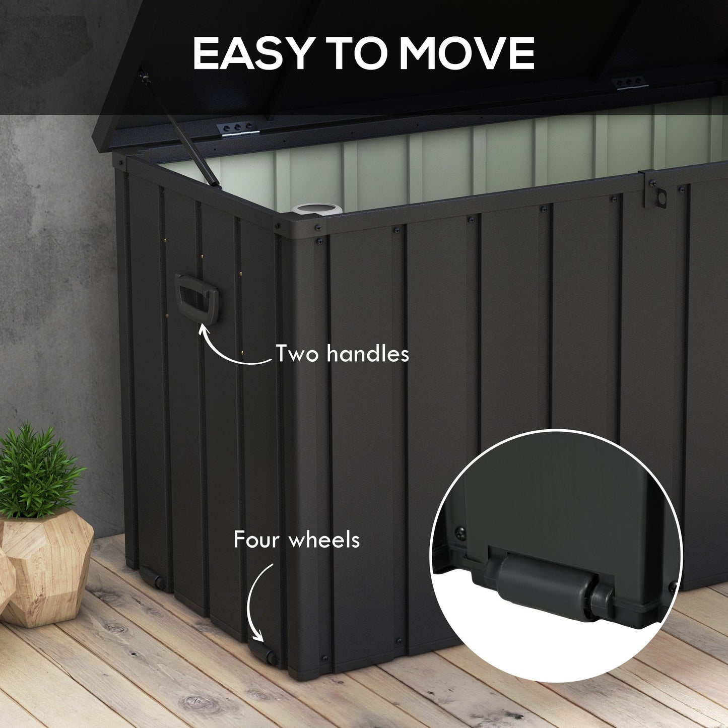 450 Litre Garden Storage Box, Outdoor Storage Box with Wheels and Handles, Lockable Galvanised Steel Outside Deck Box Organiser for Tools, Cushions, Dark Grey
