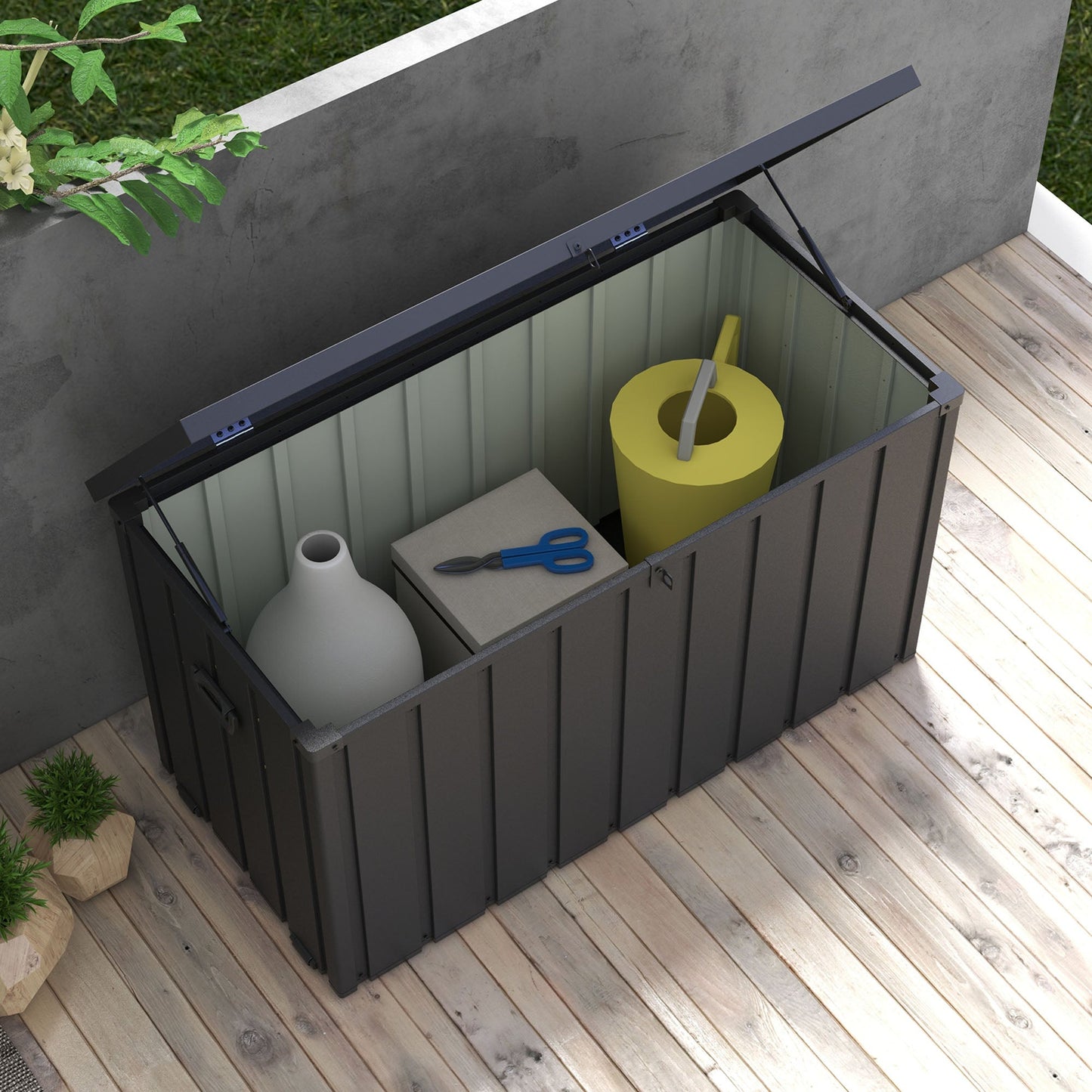 450 Litre Garden Storage Box, Outdoor Storage Box with Wheels and Handles, Lockable Galvanised Steel Outside Deck Box Organiser for Tools, Cushions, Dark Grey