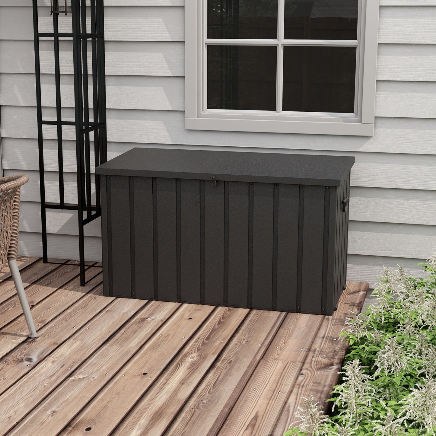 450 Litre Garden Storage Box, Outdoor Storage Box with Wheels and Handles, Lockable Galvanised Steel Outside Deck Box Organiser for Tools, Cushions, Dark Grey