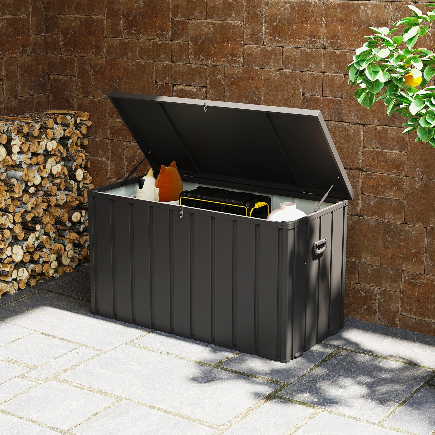 450 Litre Garden Storage Box, Outdoor Storage Box with Wheels and Handles, Lockable Galvanised Steel Outside Deck Box Organiser for Tools, Cushions, Dark Grey