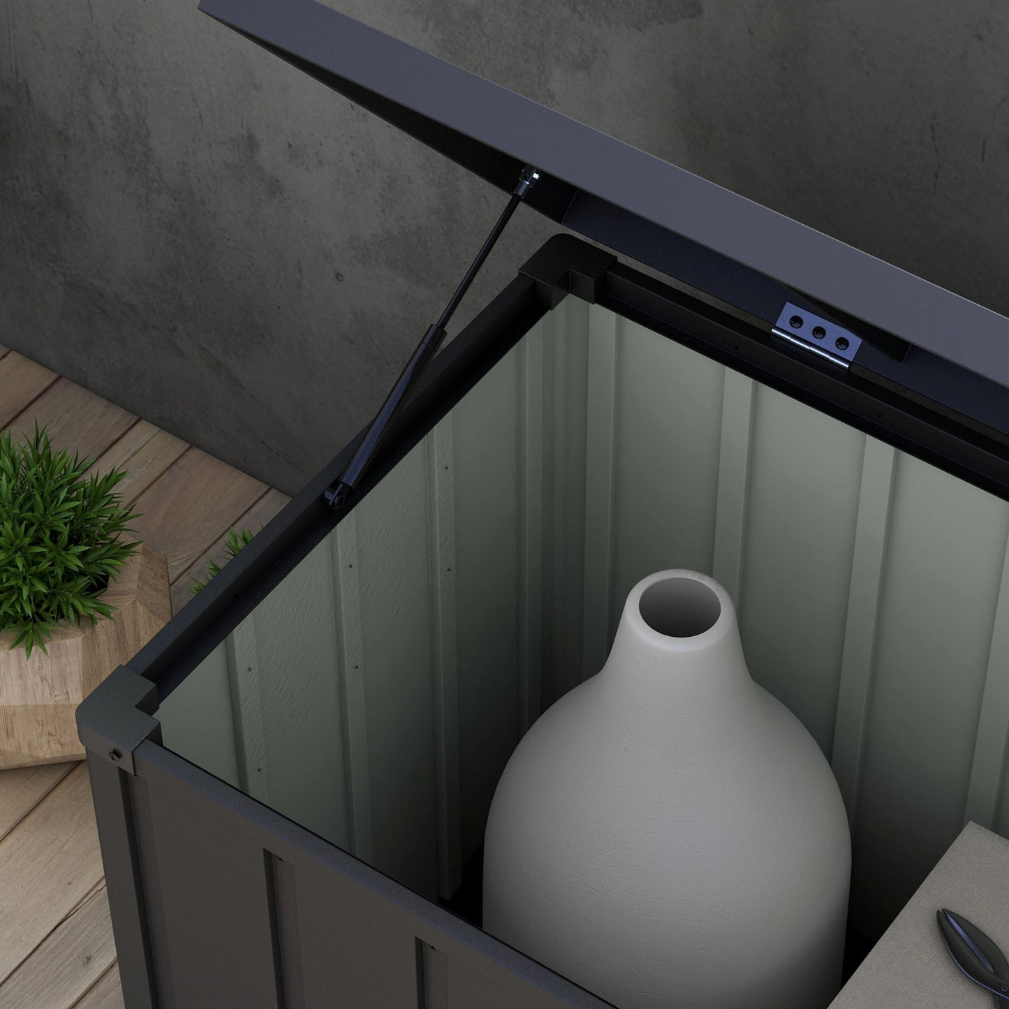 450 Litre Garden Storage Box, Outdoor Storage Box with Wheels and Handles, Lockable Galvanised Steel Outside Deck Box Organiser for Tools, Cushions, Dark Grey