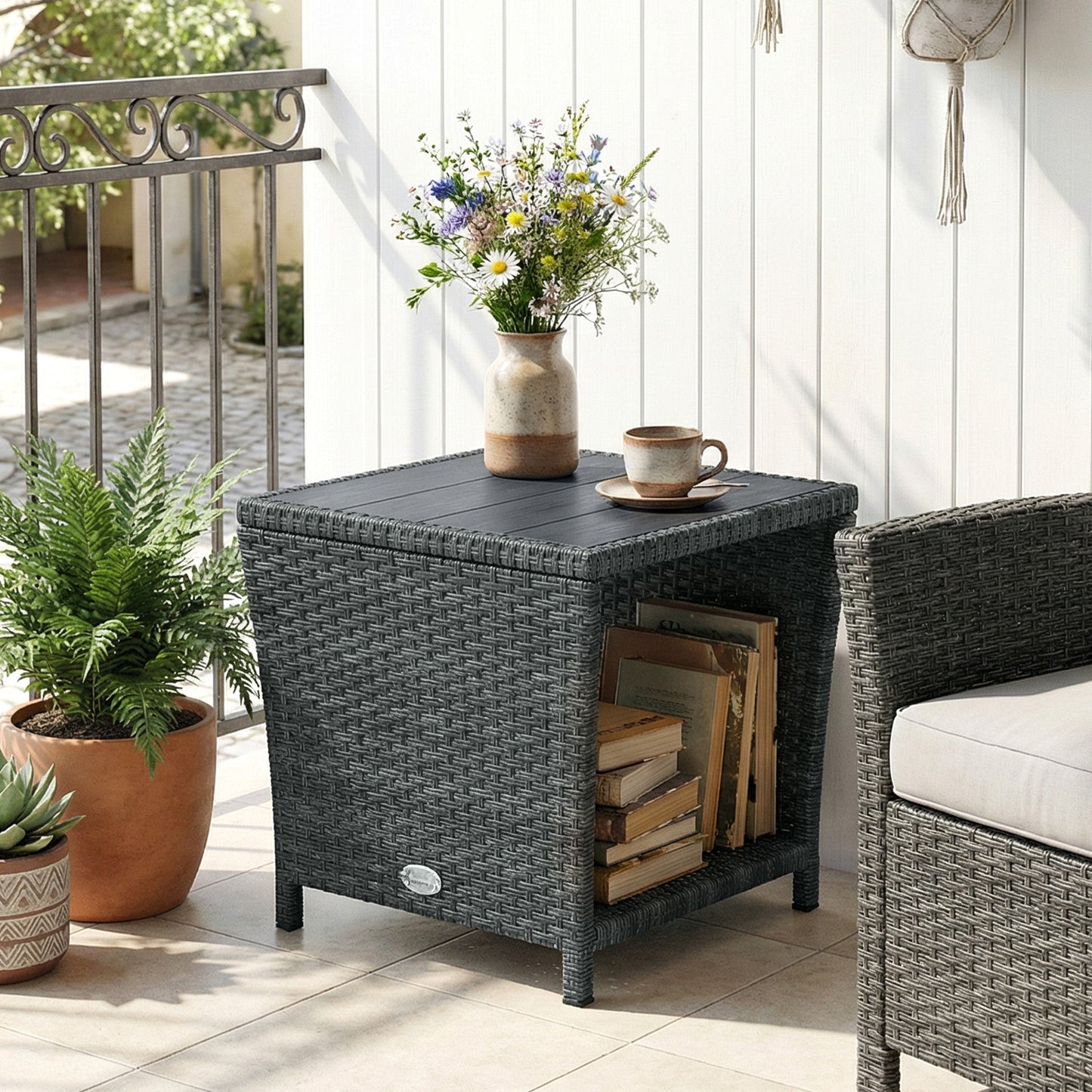 2-Tier PE Rattan Side Table with Storage Shelf, Square Outdoor Coffee Table with PS Wood Slat Top, UV-Resistant for Patio, Garden, Balcony, Grey