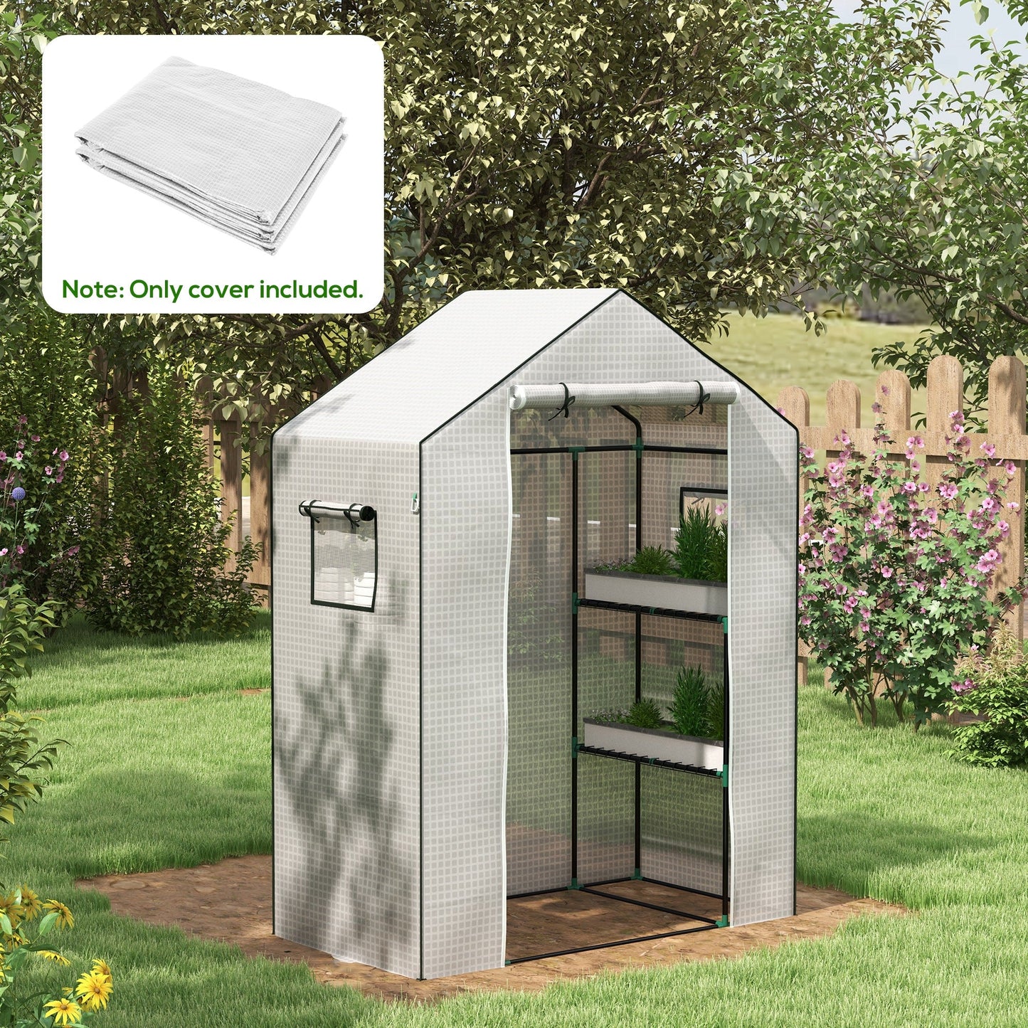 Walk-in Greenhouse Cover Replacement with Roll-up Door and Mesh Windows, Reinforced PE Hot House, Cover COVER ONLY, 140 x 73 x 190cm, White
