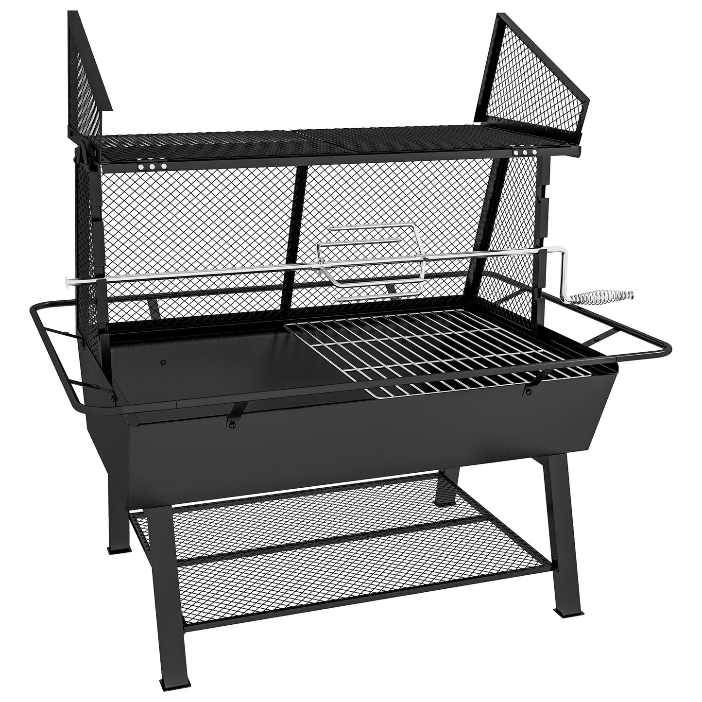 3-in-1 BBQ Rotisserie Grill Roaster Fire Pit with Storage Shelf, Mesh Lid and Poker, Charcoal Chicken Spit Roast Machine with Waterproof Cover for Outdoor Picnic Camping, Black