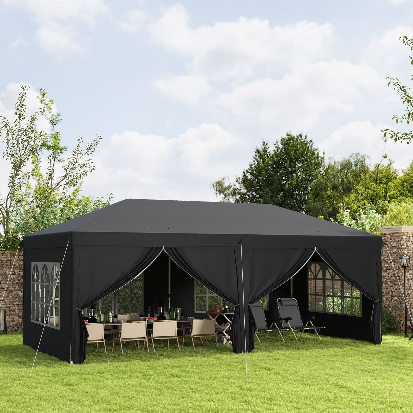 3 x 6 m Pop Up Gazebo with Sides and Windows, Height Adjustable Wedding Camping Party Tent Canopy Marquee with Storage Bag for Garden, Event, Black