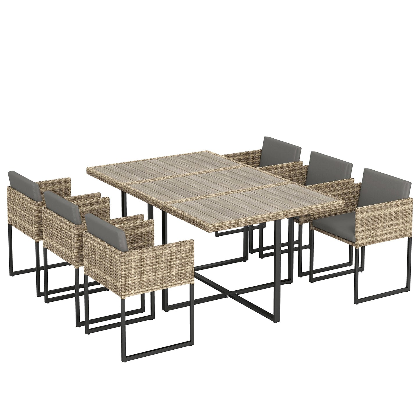 7 Piece Rattan Garden Furniture Set, Garden Dining Set with Wood-Plastic Table and 6 Stackable Chairs, Rattan Table and Chairs with 12 Cushions for Patio Terrace, Light Brown