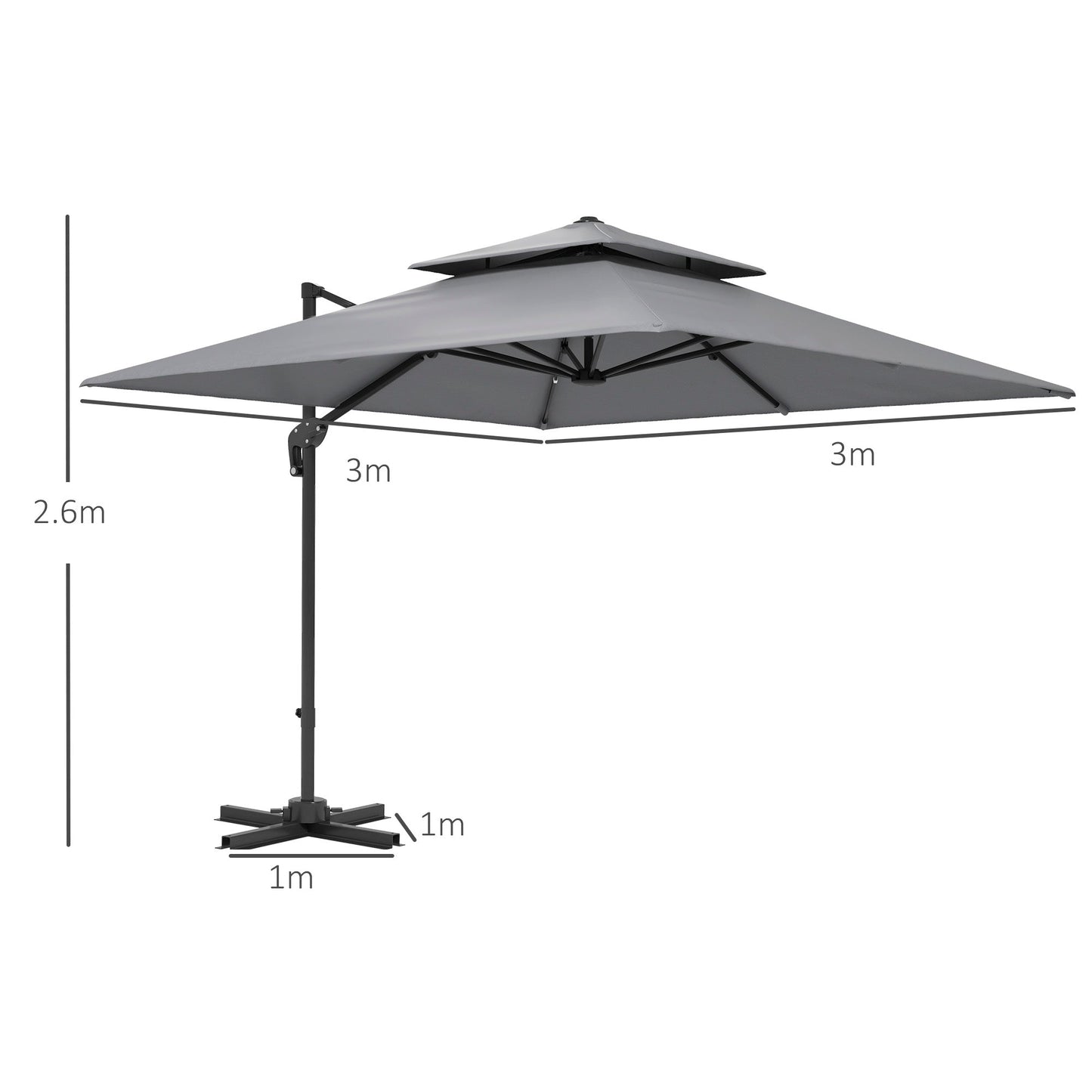 3 x 3(m) Cantilever Parasol with Aluminium Frame, Crank and Tilt, 360° Rotation, Double Top Garden Umbrella with Base and Cover, Light Grey