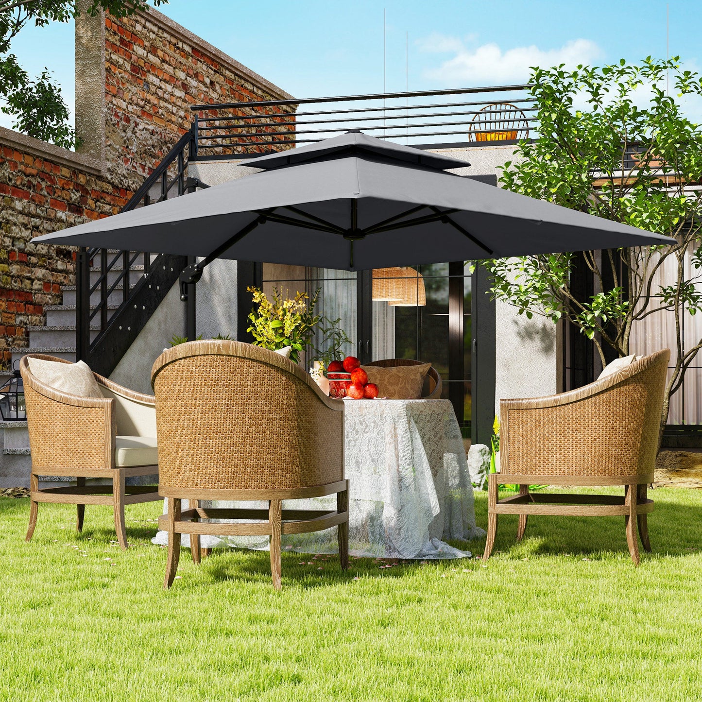 3 x 3(m) Cantilever Parasol with Aluminium Frame, Crank and Tilt, 360° Rotation, Double Top Garden Umbrella with Base and Cover, Light Grey