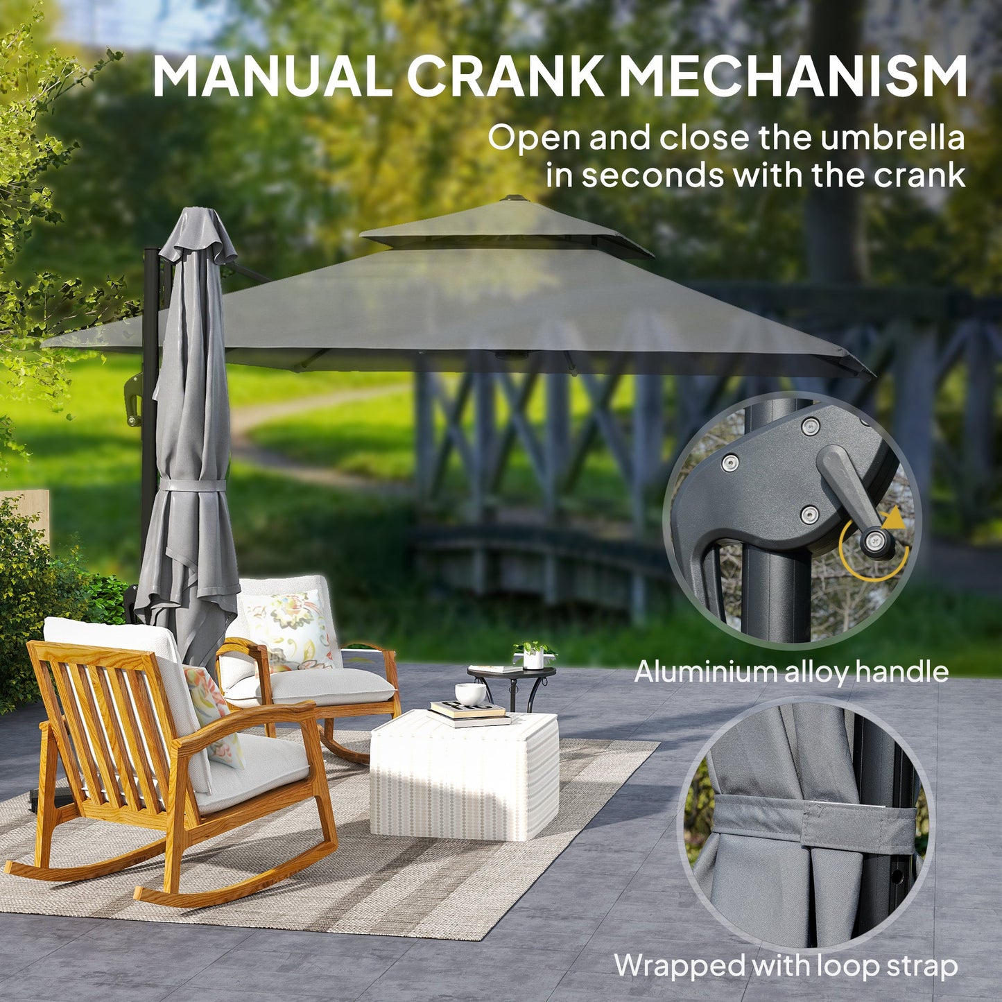 3 x 3(m) Cantilever Parasol with Aluminium Frame, Crank and Tilt, 360° Rotation, Double Top Garden Umbrella with Base and Cover, Light Grey