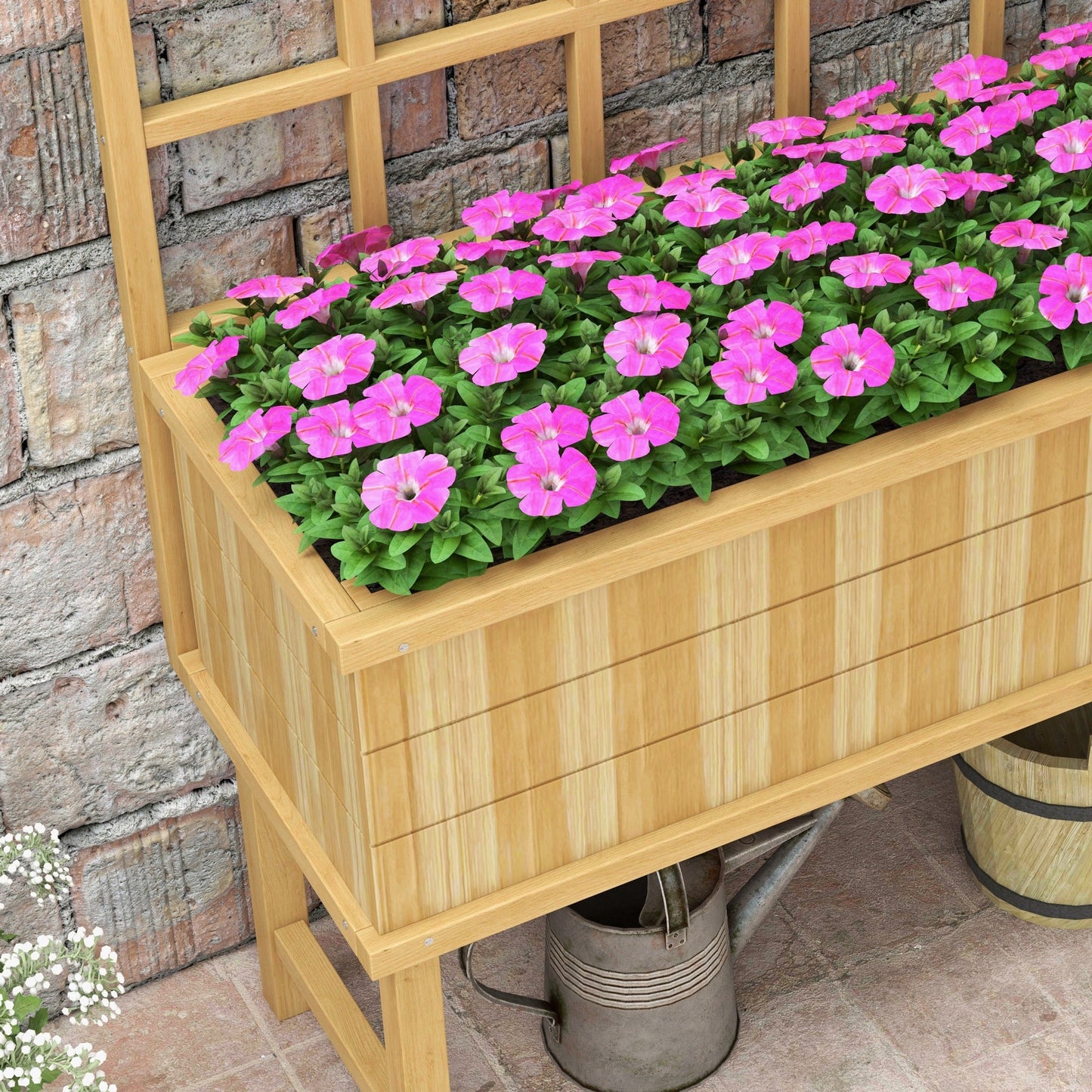 Wooden Raised Planter with Trellis for Vine Climbing Plants, Elevated Garden Bed with Drainage Holes and Bed Liner for Vegetables, Flowers, Herbs, 105 x 45 x 140cm, Natural