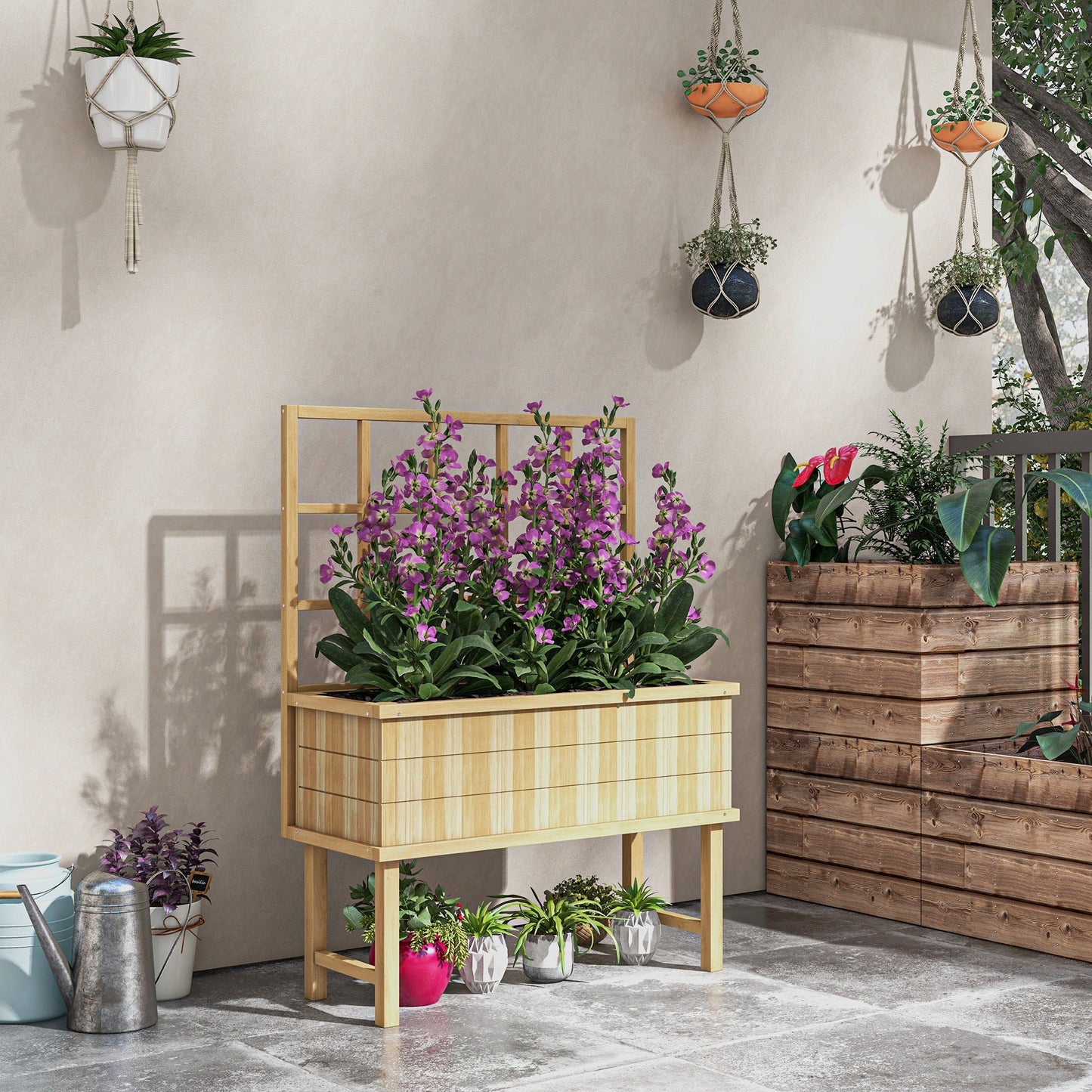 Wooden Raised Planter with Trellis for Vine Climbing Plants, Elevated Garden Bed with Drainage Holes and Bed Liner for Vegetables, Flowers, Herbs, 105 x 45 x 140cm, Natural