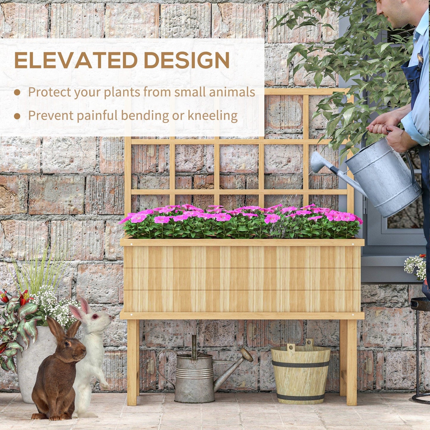 Wooden Raised Planter with Trellis for Vine Climbing Plants, Elevated Garden Bed with Drainage Holes and Bed Liner for Vegetables, Flowers, Herbs, 105 x 45 x 140cm, Natural