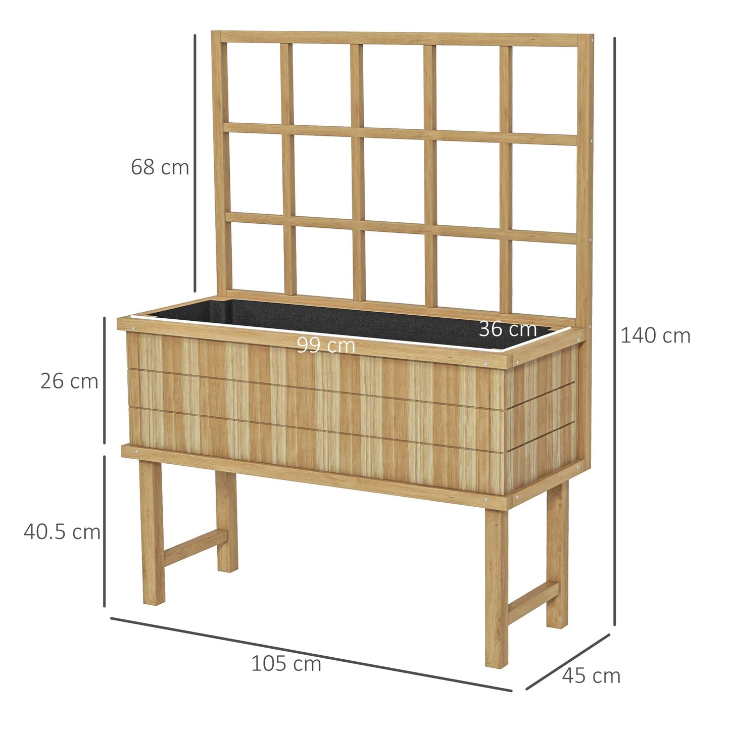 Wooden Raised Planter with Trellis for Vine Climbing Plants, Elevated Garden Bed with Drainage Holes and Bed Liner for Vegetables, Flowers, Herbs, 105 x 45 x 140cm, Natural