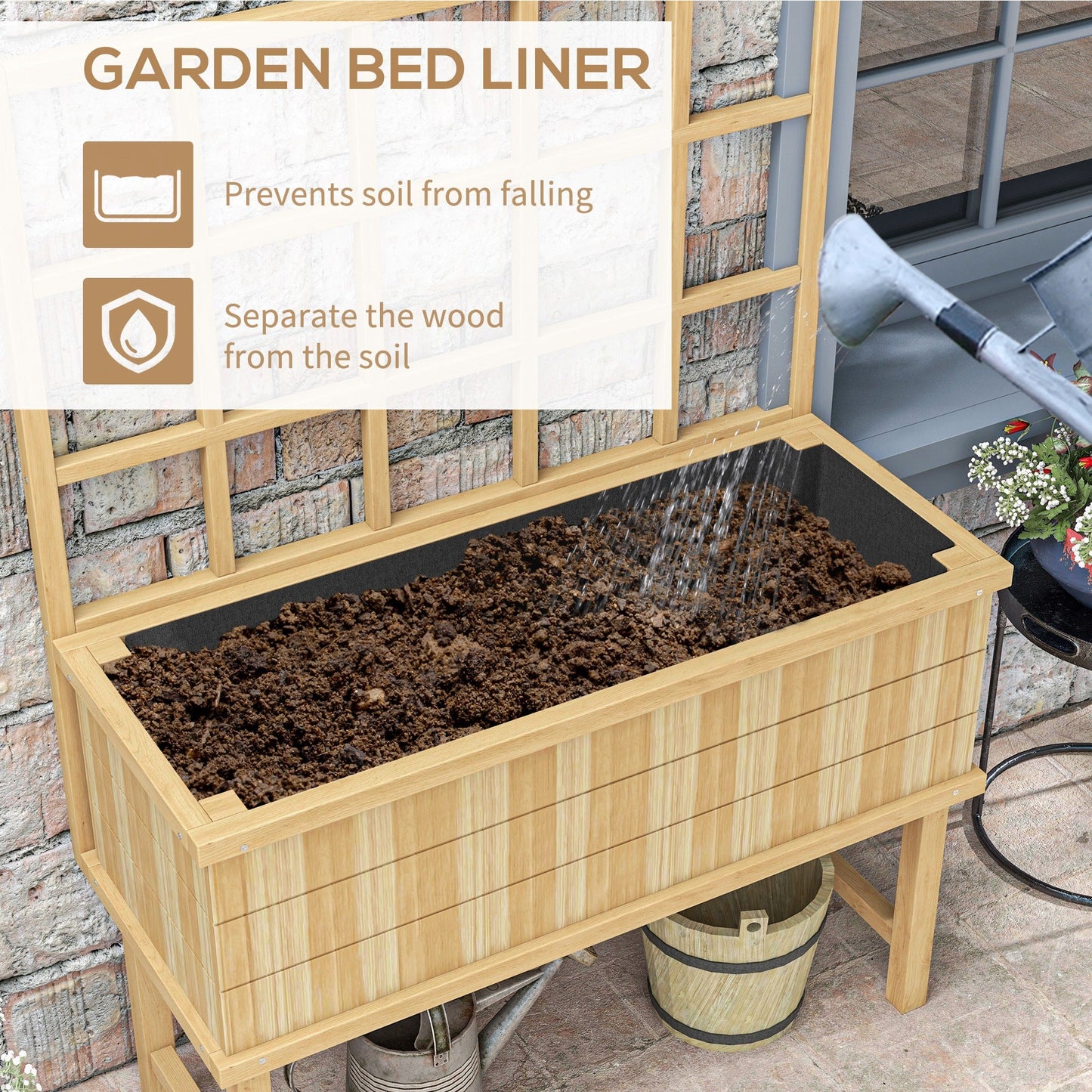 Wooden Raised Planter with Trellis for Vine Climbing Plants, Elevated Garden Bed with Drainage Holes and Bed Liner for Vegetables, Flowers, Herbs, 105 x 45 x 140cm, Natural