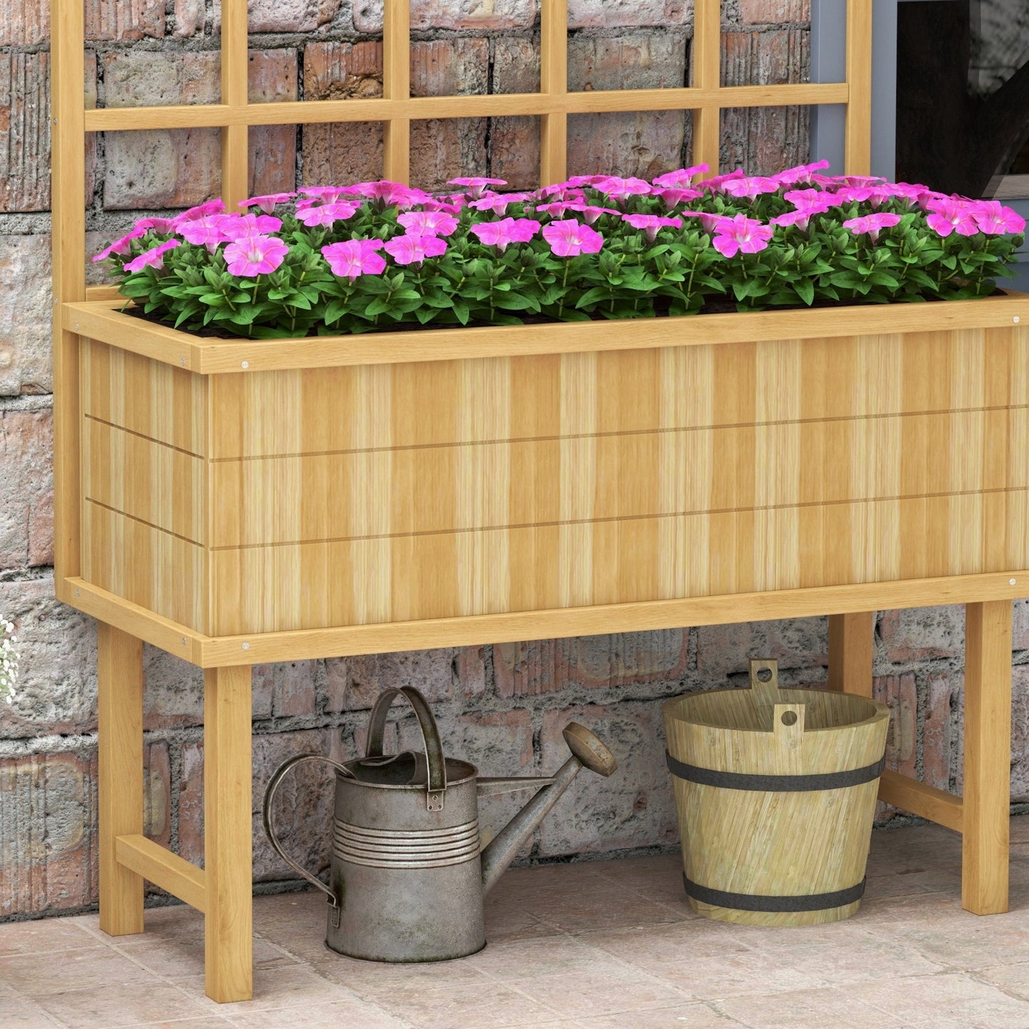 Wooden Raised Planter with Trellis for Vine Climbing Plants, Elevated Garden Bed with Drainage Holes and Bed Liner for Vegetables, Flowers, Herbs, 105 x 45 x 140cm, Natural