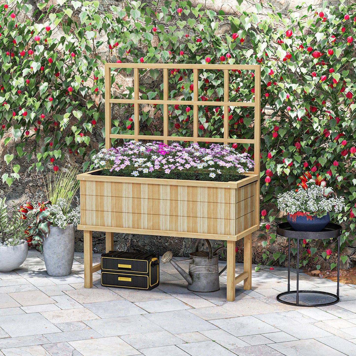 Wooden Raised Planter with Trellis for Vine Climbing Plants, Elevated Garden Bed with Drainage Holes and Bed Liner for Vegetables, Flowers, Herbs, 105 x 45 x 140cm, Natural