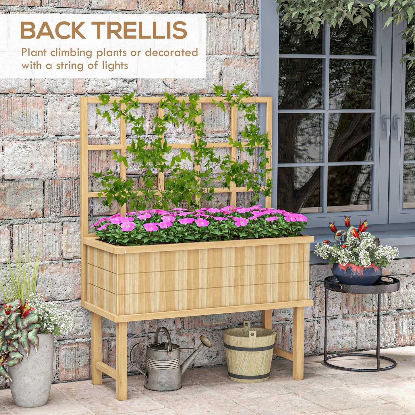 Wooden Raised Planter with Trellis for Vine Climbing Plants, Elevated Garden Bed with Drainage Holes and Bed Liner for Vegetables, Flowers, Herbs, 105 x 45 x 140cm, Natural