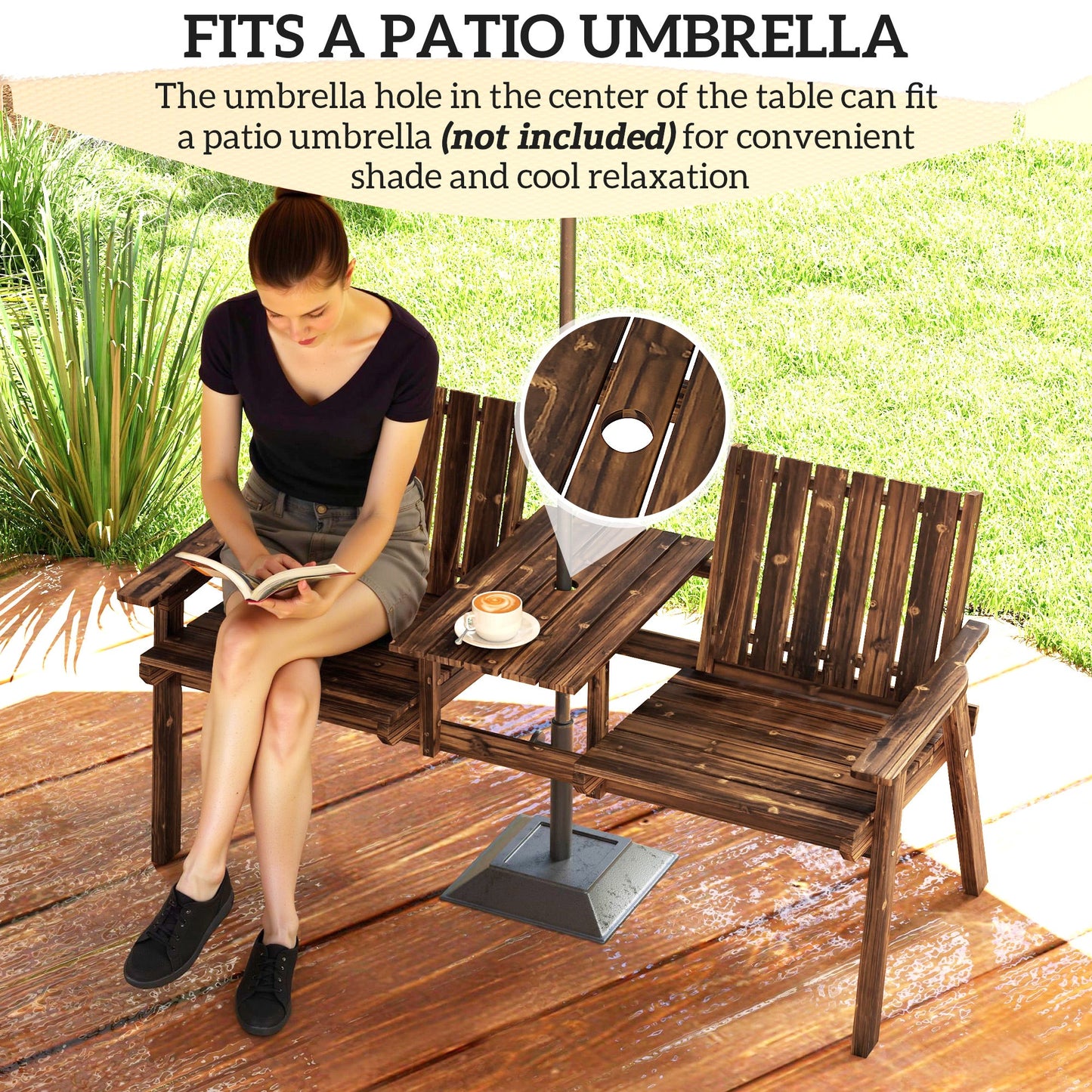 2-Seater Wooden Garden Bench, Antique Loveseat Chair with Table & Parasol Hole, Outdoor Bench for Porch, Patio, Carbonised Finish