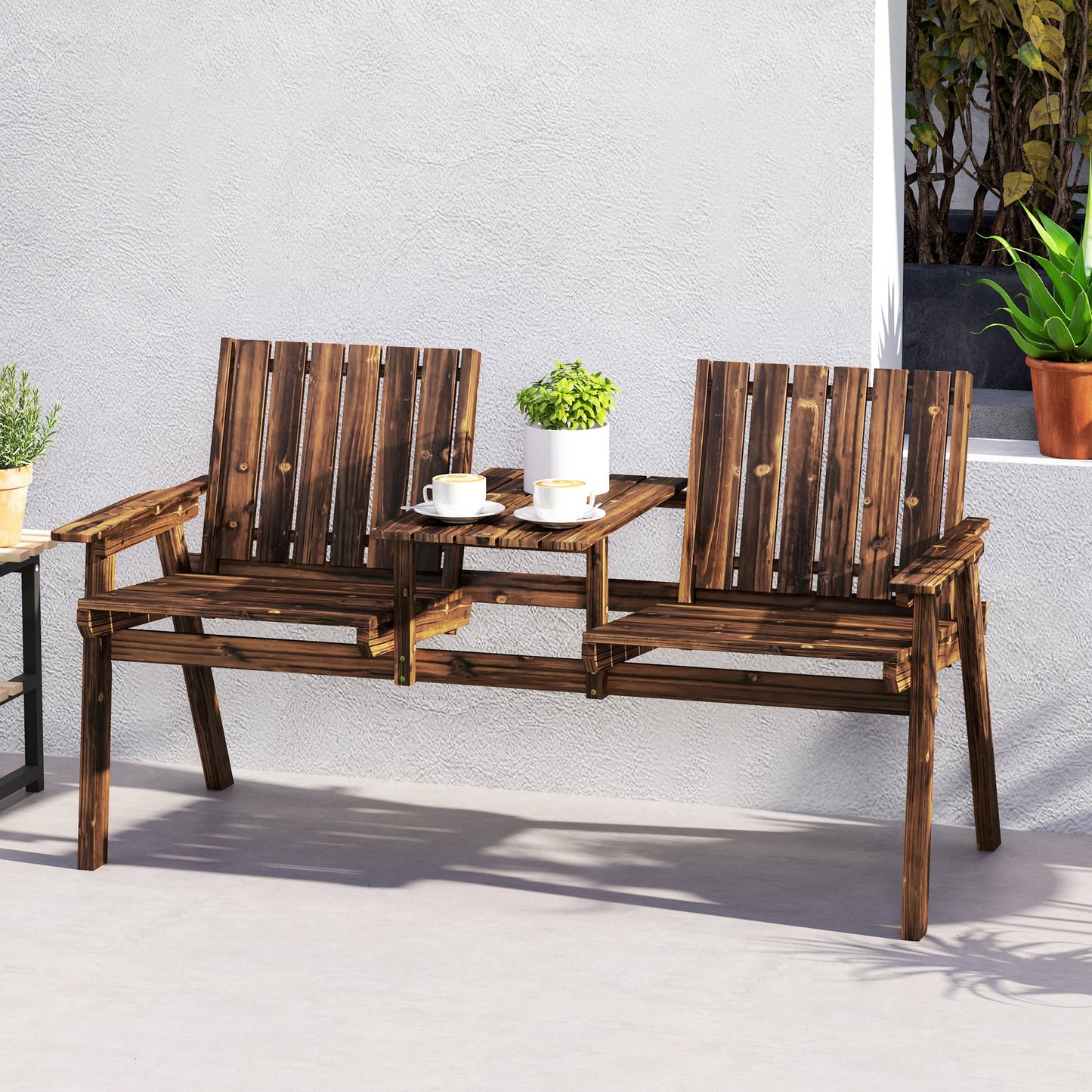 2-Seater Wooden Garden Bench, Antique Loveseat Chair with Table & Parasol Hole, Outdoor Bench for Porch, Patio, Carbonised Finish