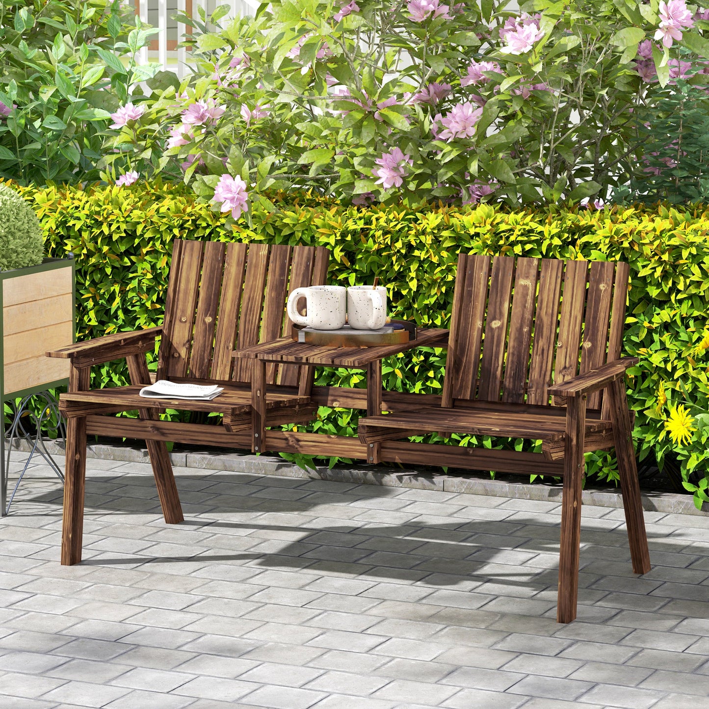 2-Seater Wooden Garden Bench, Antique Loveseat Chair with Table & Parasol Hole, Outdoor Bench for Porch, Patio, Carbonised Finish