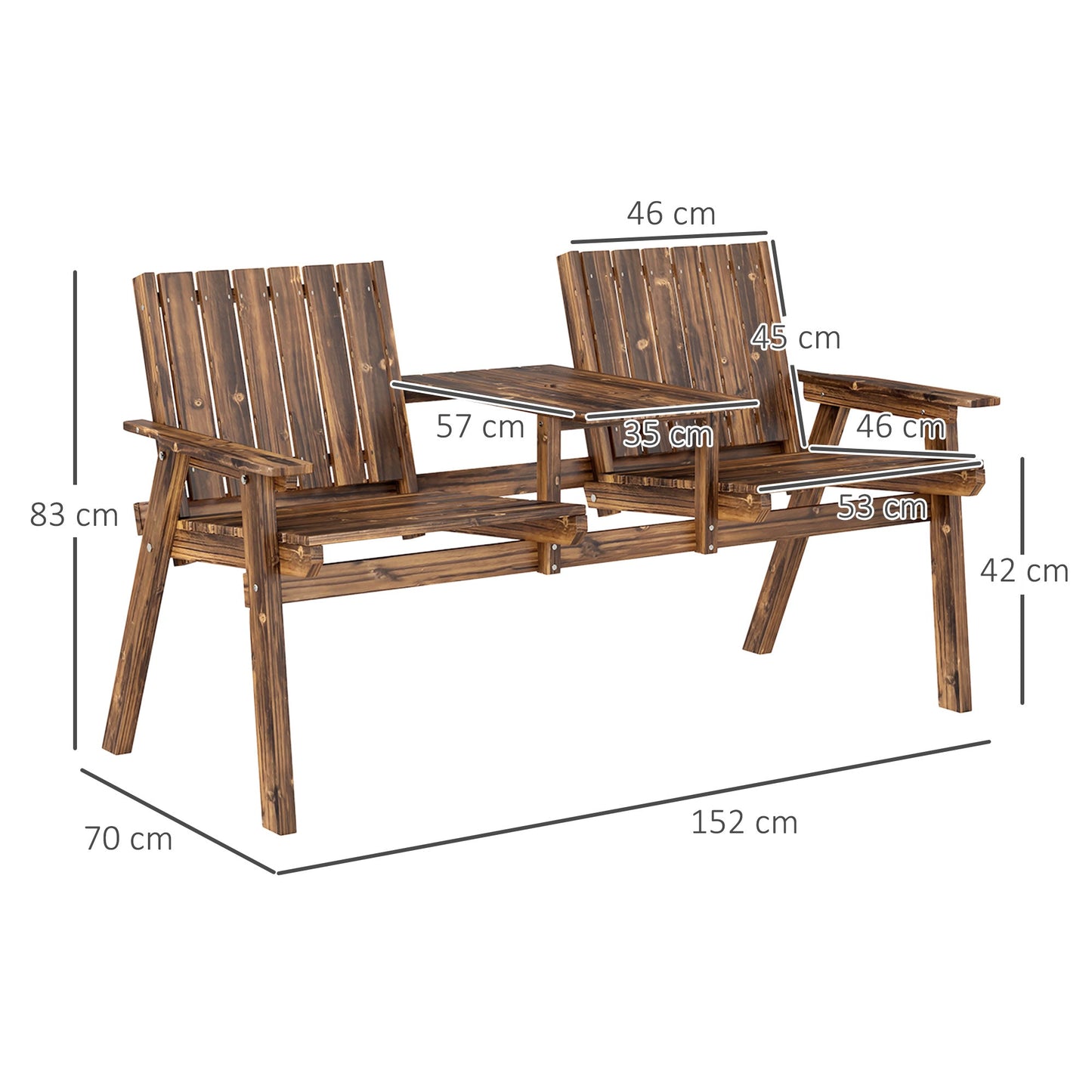2-Seater Wooden Garden Bench, Antique Loveseat Chair with Table & Parasol Hole, Outdoor Bench for Porch, Patio, Carbonised Finish