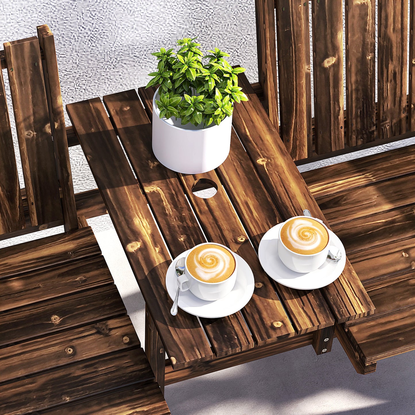 2-Seater Wooden Garden Bench, Antique Loveseat Chair with Table & Parasol Hole, Outdoor Bench for Porch, Patio, Carbonised Finish