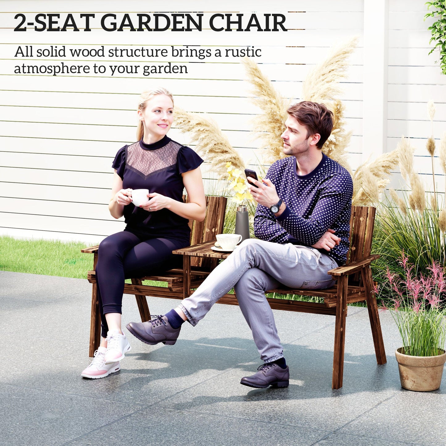 2-Seater Wooden Garden Bench, Antique Loveseat Chair with Table & Parasol Hole, Outdoor Bench for Porch, Patio, Carbonised Finish