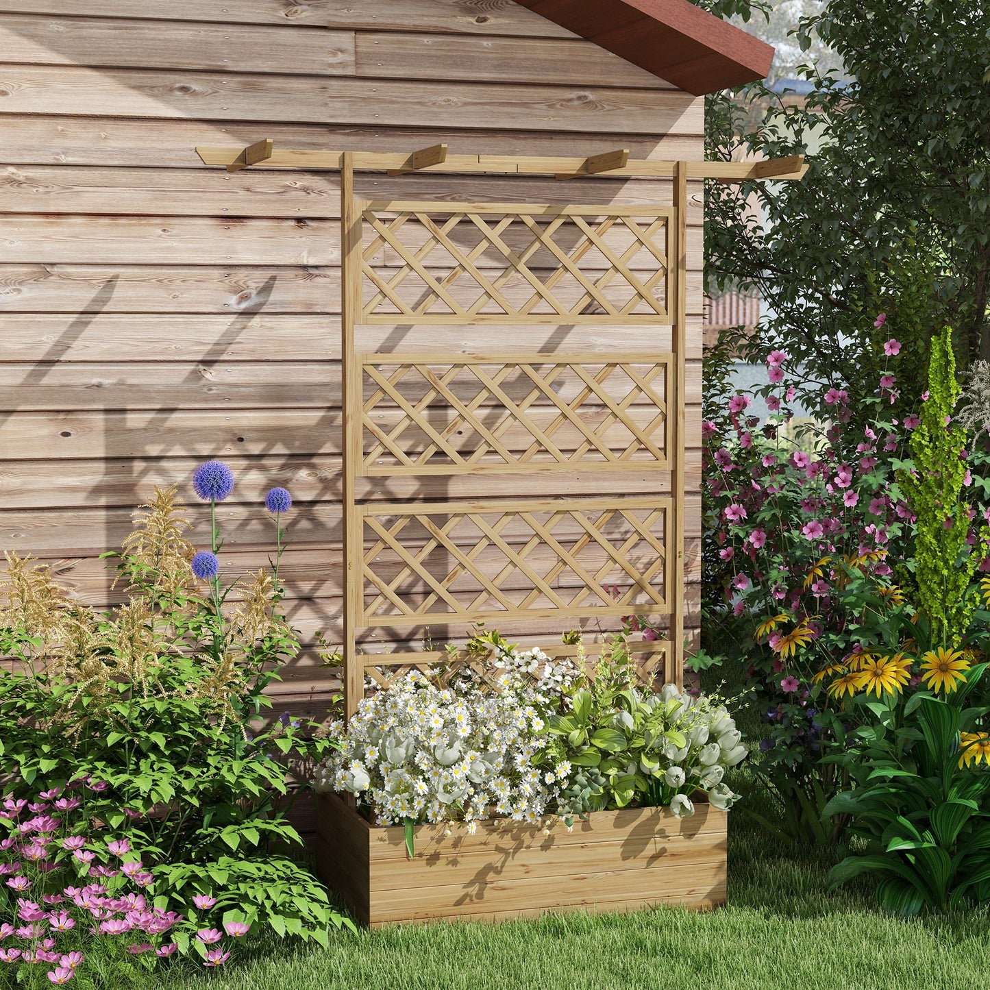 Wood Planter with Trellis, Raised Garden Bed Privacy Screen Planter Box to Grow Vegetables, Herbs and Flowers for Garden, Patio, Deck, Natural