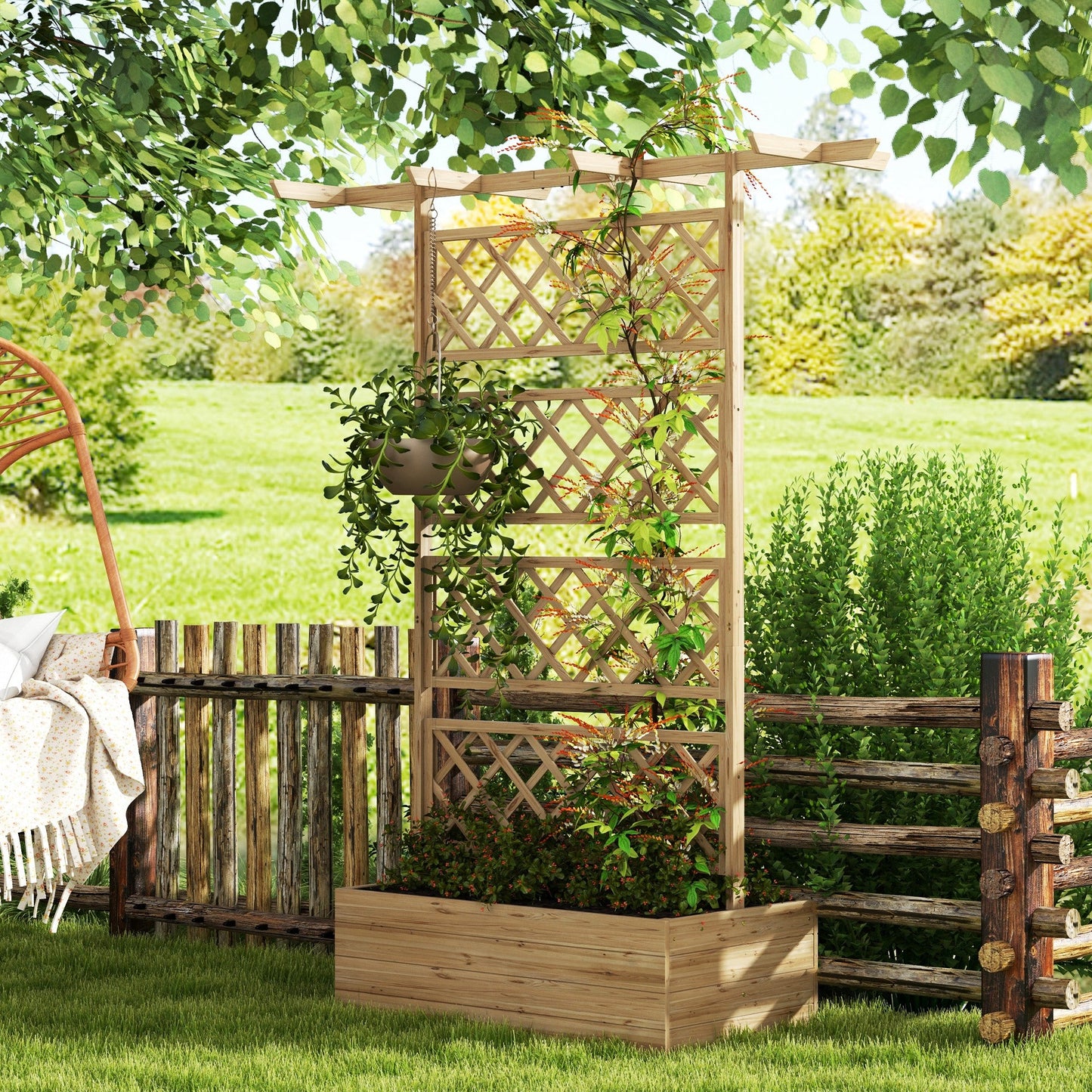 Wood Planter with Trellis, Raised Garden Bed Privacy Screen Planter Box to Grow Vegetables, Herbs and Flowers for Garden, Patio, Deck, Natural