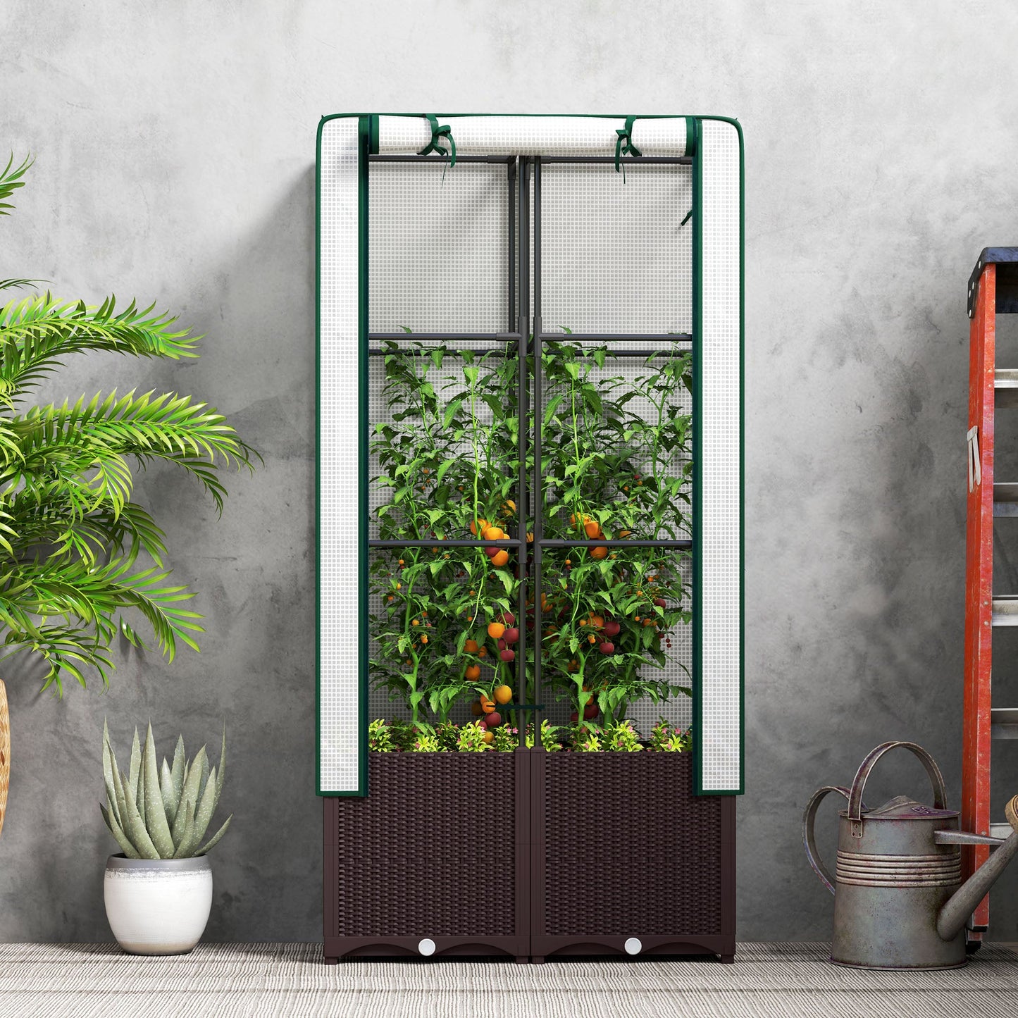 Raised Garden Bed with Trellis, Plastic Planter Box with PE Cover, Drainage Holes and Drain Plugs for Climbing Plants, Vegetables, Flowers, 80 x 40 x 140 cm