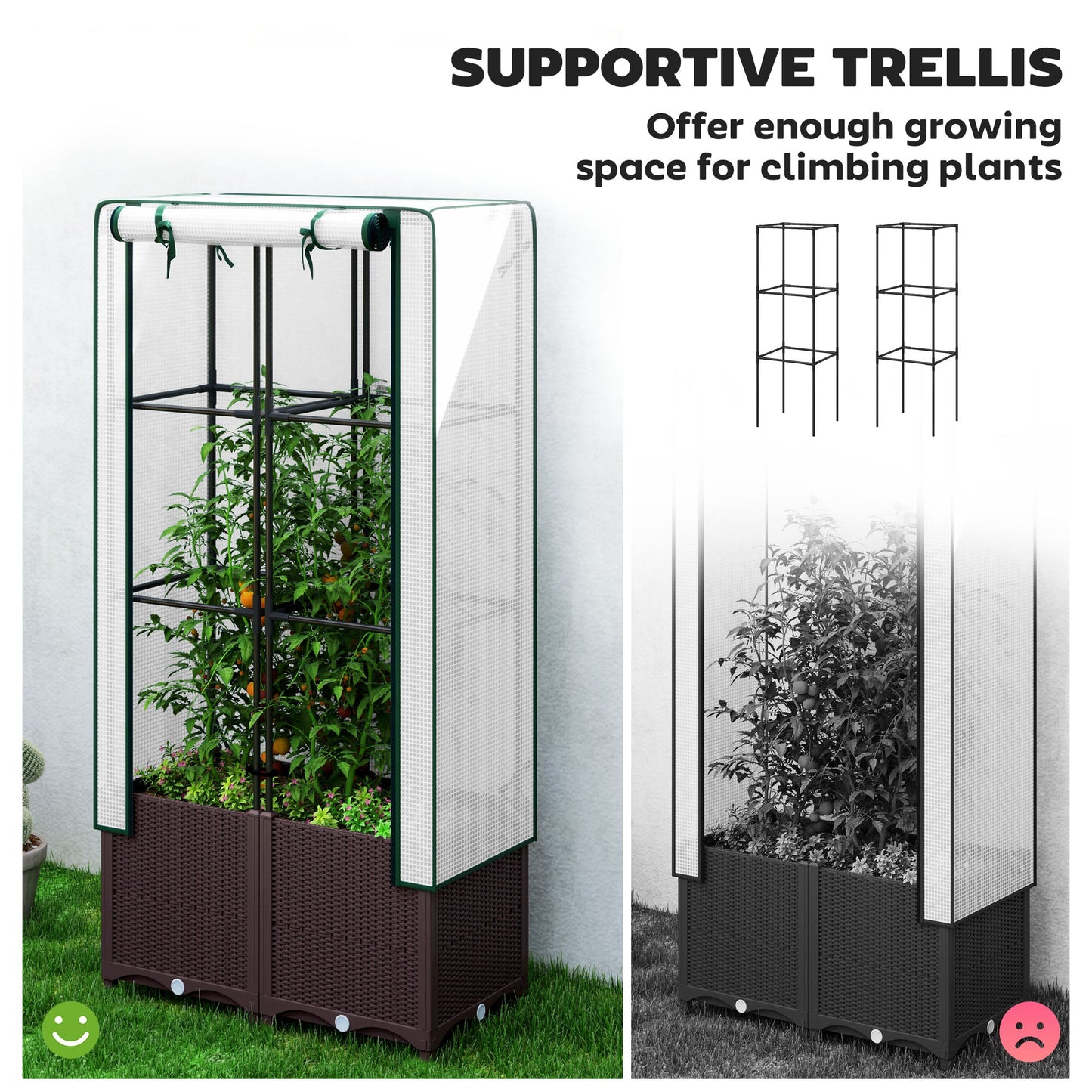 Raised Garden Bed with Trellis, Plastic Planter Box with PE Cover, Drainage Holes and Drain Plugs for Climbing Plants, Vegetables, Flowers, 80 x 40 x 140 cm