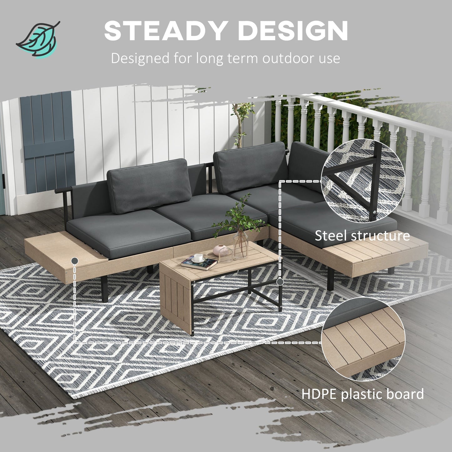 3 Pieces Garden Furniture Set, L Shaped 4 Seater Corner Sofa Set with Table and Cushions, HDPE, Outdoor Patio Sofa Set for Patio, Grey