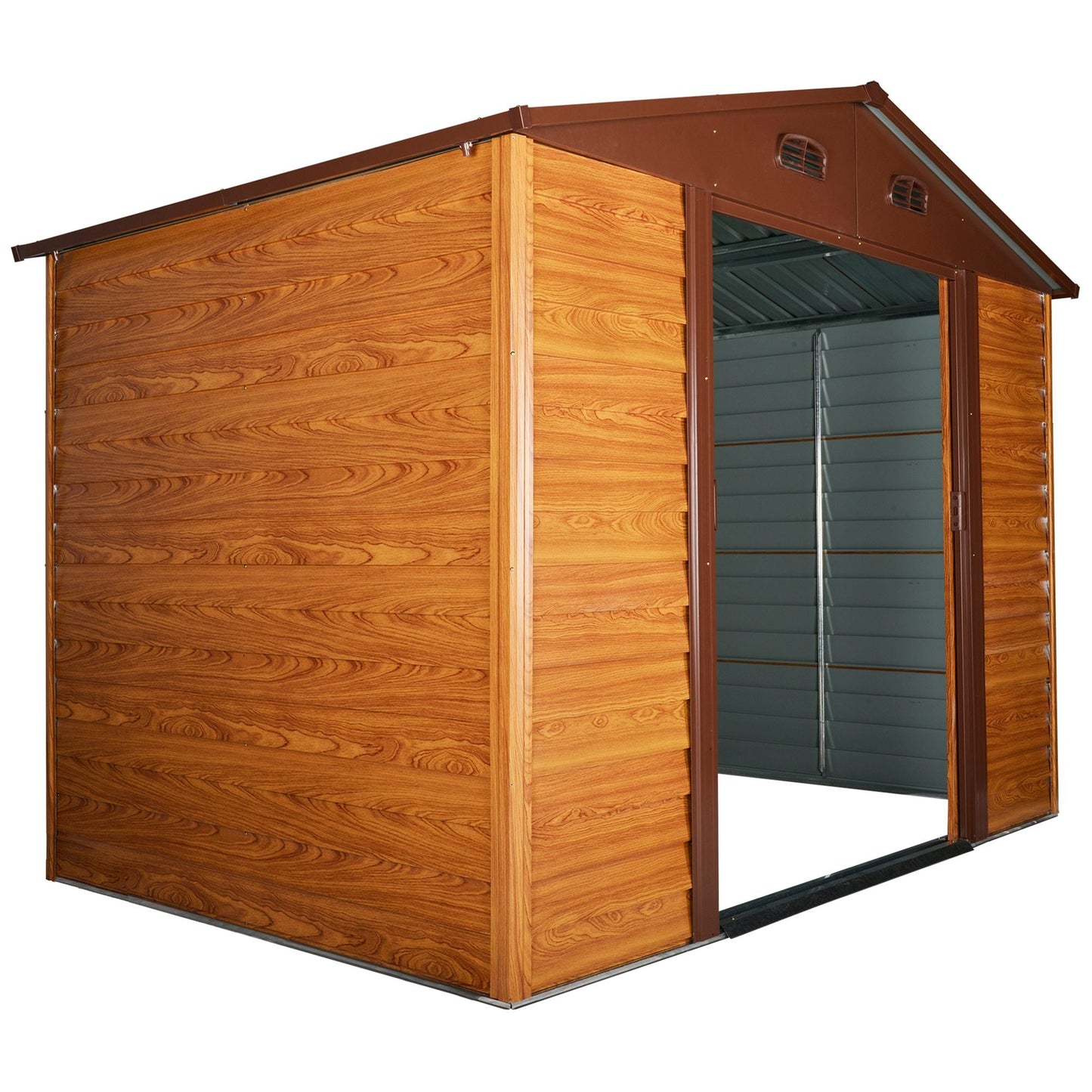 9 x 6ft Garden Shed, Metal Storage Tool House Gardening Tool Storage with Shutter Vents, Brown