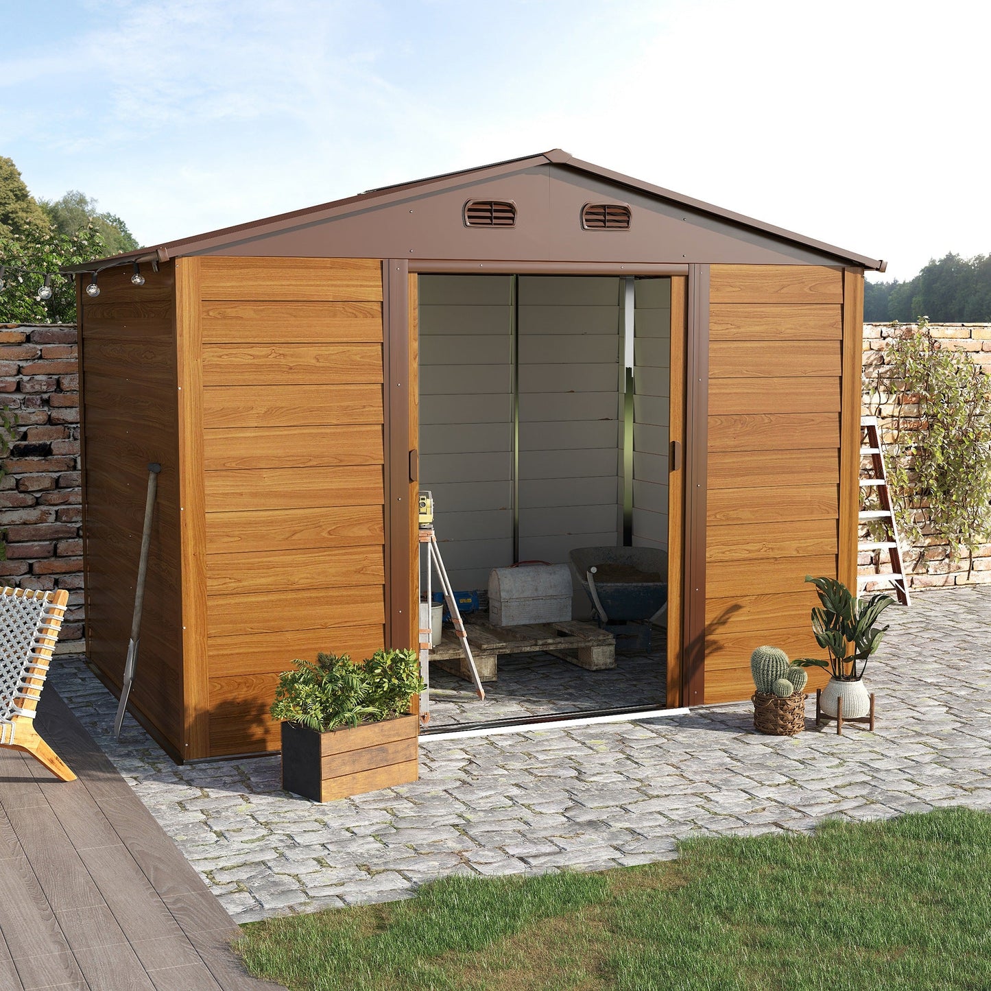 9 x 6ft Garden Shed, Metal Storage Tool House Gardening Tool Storage with Shutter Vents, Brown