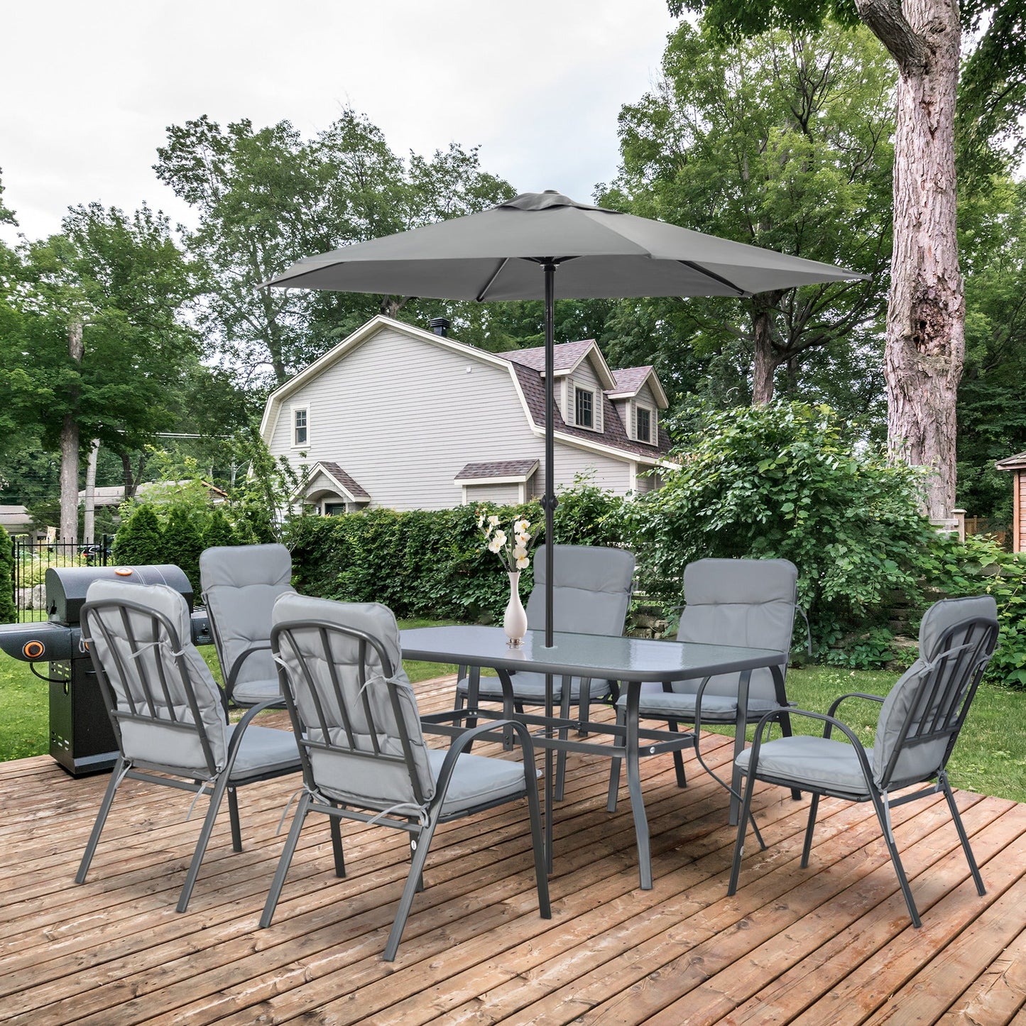7 Pieces Garden Dining Set, Outdoor Dining Set with Cushions, Tempered Glass Top Table, Umbrella Hole, Texteline Seats, 6 Seater Garden Table and Chairs, Grey