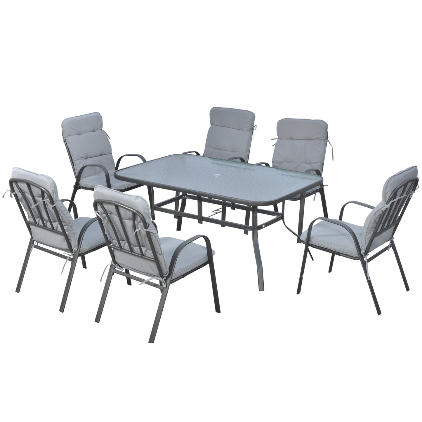 7 Pieces Garden Dining Set, Outdoor Dining Set with Cushions, Tempered Glass Top Table, Umbrella Hole, Texteline Seats, 6 Seater Garden Table and Chairs, Grey
