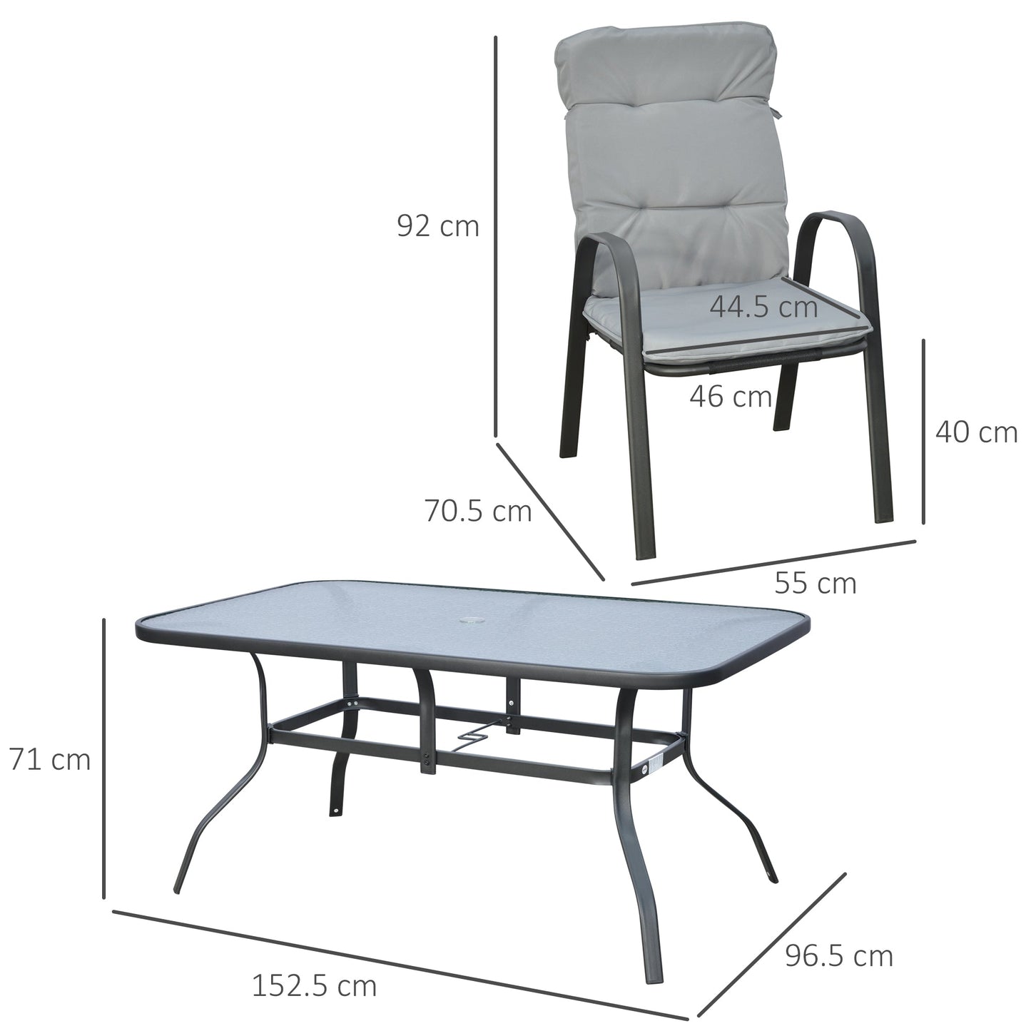 7 Pieces Garden Dining Set, Outdoor Dining Set with Cushions, Tempered Glass Top Table, Umbrella Hole, Texteline Seats, 6 Seater Garden Table and Chairs, Grey