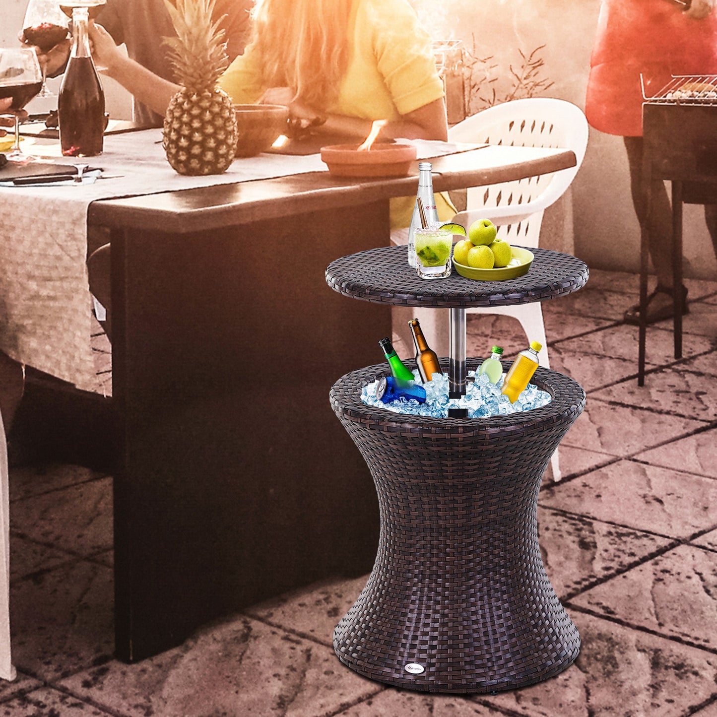 PE Rattan Ice Bucket Table, Height Adjustable Liftable Outdoor Drinks Cooler, 52 cm Round Garden Beer Cocktail Table with Lid for Bar, Patio, Terrace, Brown