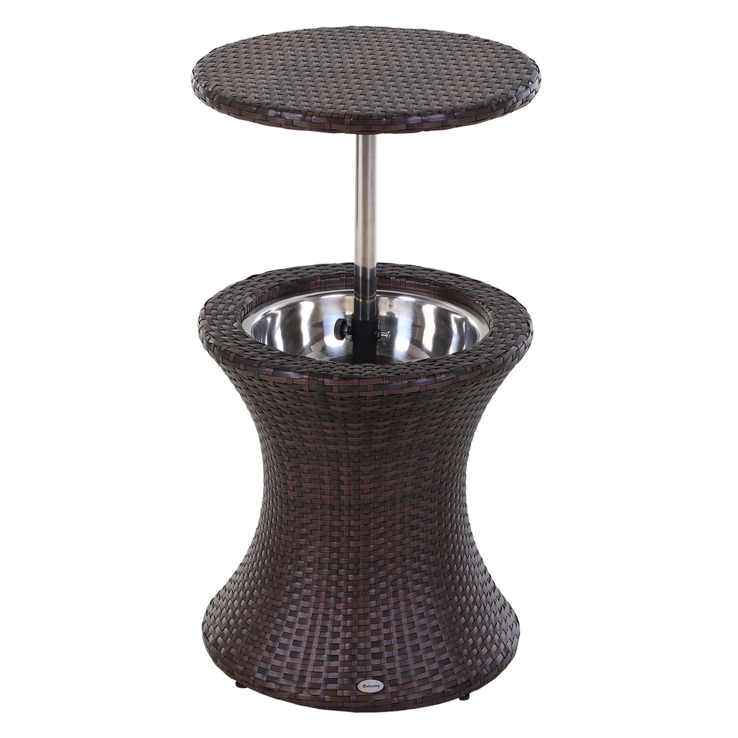 PE Rattan Ice Bucket Table, Height Adjustable Liftable Outdoor Drinks Cooler, 52 cm Round Garden Beer Cocktail Table with Lid for Bar, Patio, Terrace, Brown