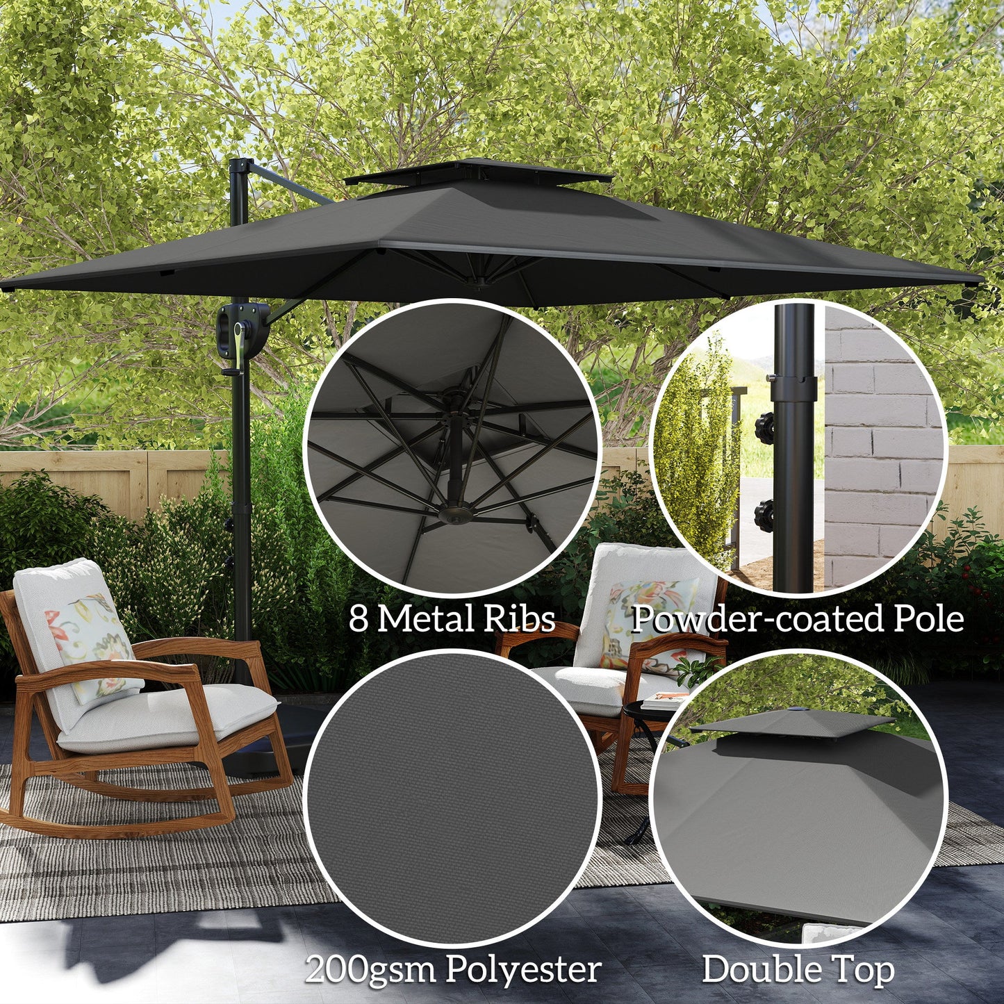 2.5m Garden Cantilever Parasol with Fillable Base, Up to 40kg, Double Top Garden Parasol, Square Overhanging Patio Umbrella with Crank Handle and Tilt for Outdoor Sun Shade, Dark Grey