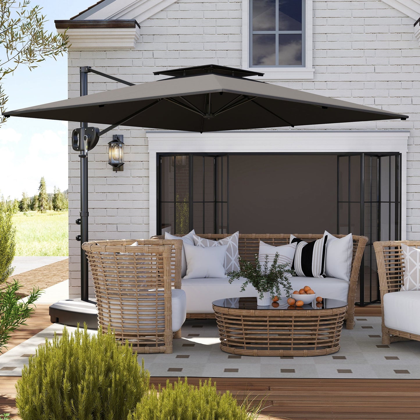 2.5m Garden Cantilever Parasol with Fillable Base, Up to 40kg, Double Top Garden Parasol, Square Overhanging Patio Umbrella with Crank Handle and Tilt for Outdoor Sun Shade, Dark Grey