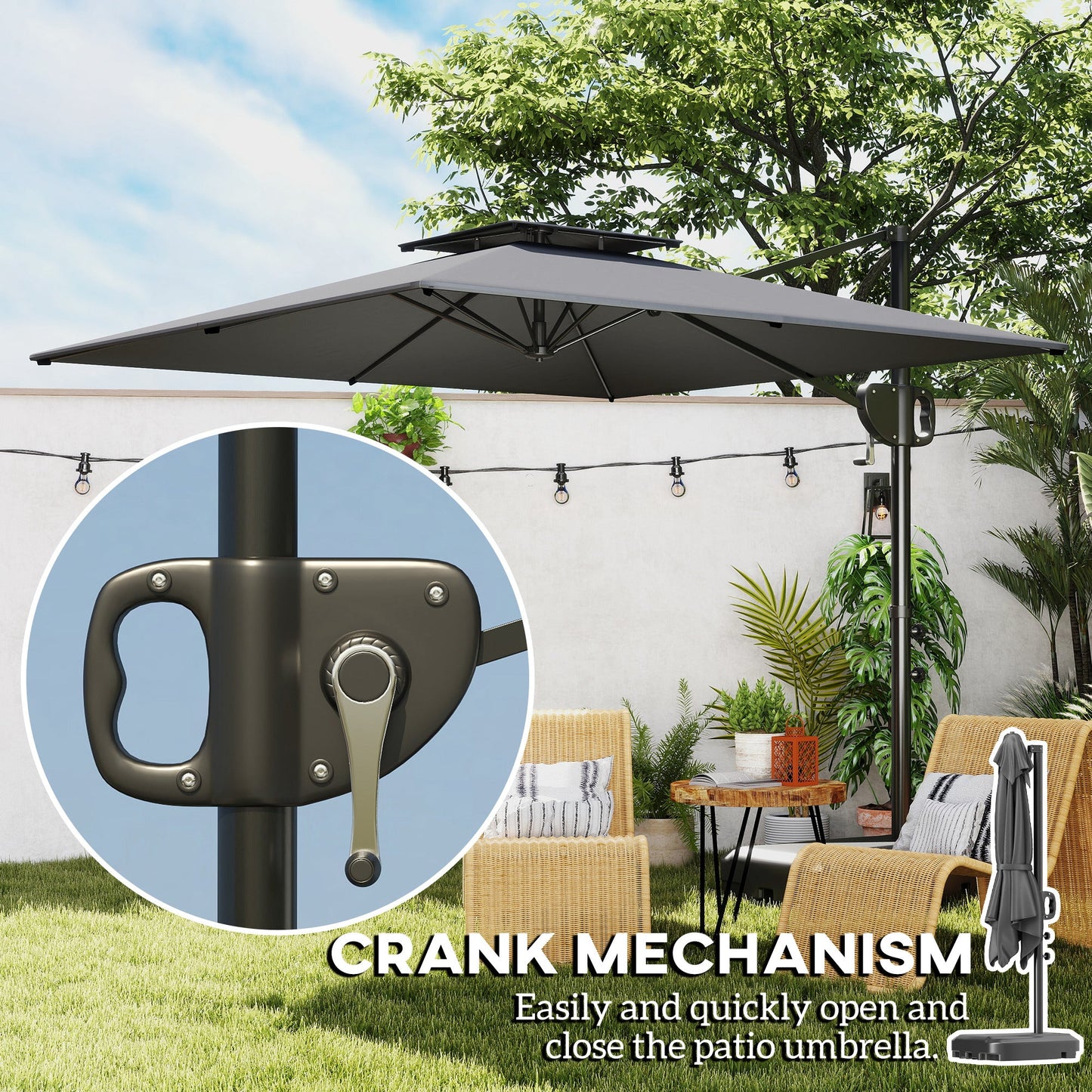 2.5m Garden Cantilever Parasol with Fillable Base, Up to 40kg, Double Top Garden Parasol, Square Overhanging Patio Umbrella with Crank Handle and Tilt for Outdoor Sun Shade, Dark Grey