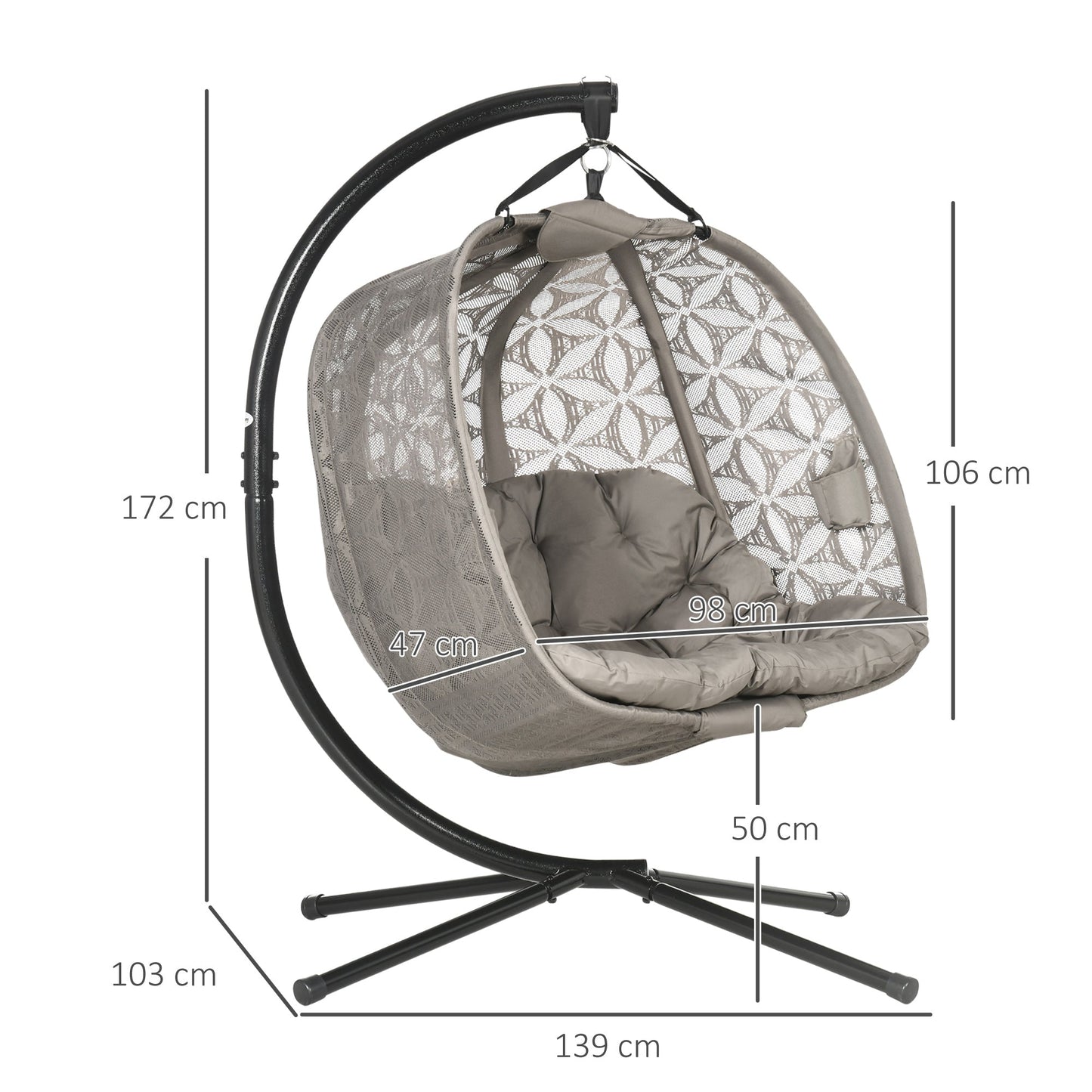 Outdoor Double Hanging Chair, Swing Chair with Metal Stand, Thick Padded Cushion, Foldable Basket and Cup Holders, for Indoor and Outdoor, Sand Brown