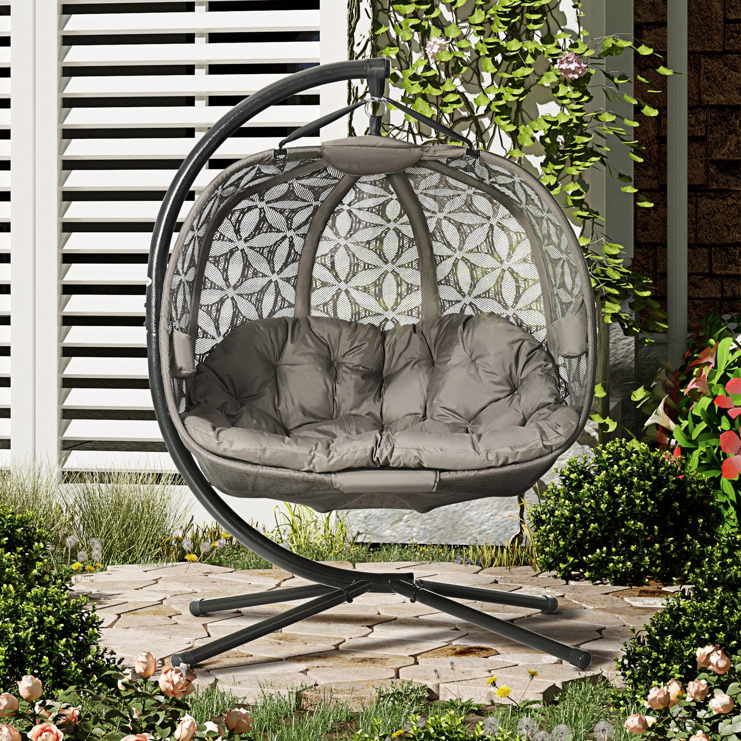 Outdoor Double Hanging Chair, Swing Chair with Metal Stand, Thick Padded Cushion, Foldable Basket and Cup Holders, for Indoor and Outdoor, Sand Brown