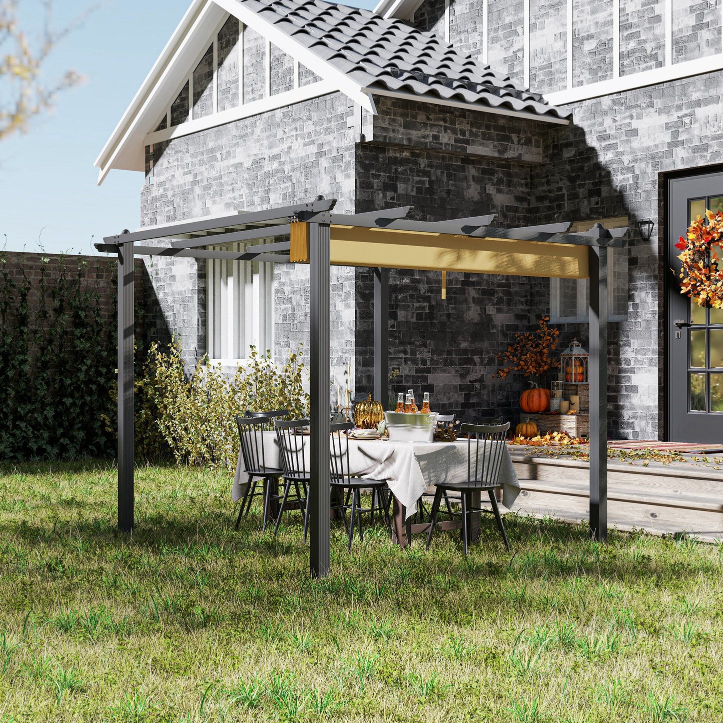 3 x 3(m) Pergola with Retractable Roof, Aluminium Frame Garden Gazebo Canopy Outdoor Sun Shade Shelter for Grill, Patio, Deck, Khaki