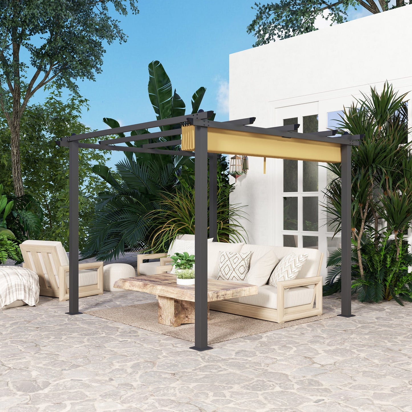 3 x 3(m) Pergola with Retractable Roof, Aluminium Frame Garden Gazebo Canopy Outdoor Sun Shade Shelter for Grill, Patio, Deck, Khaki