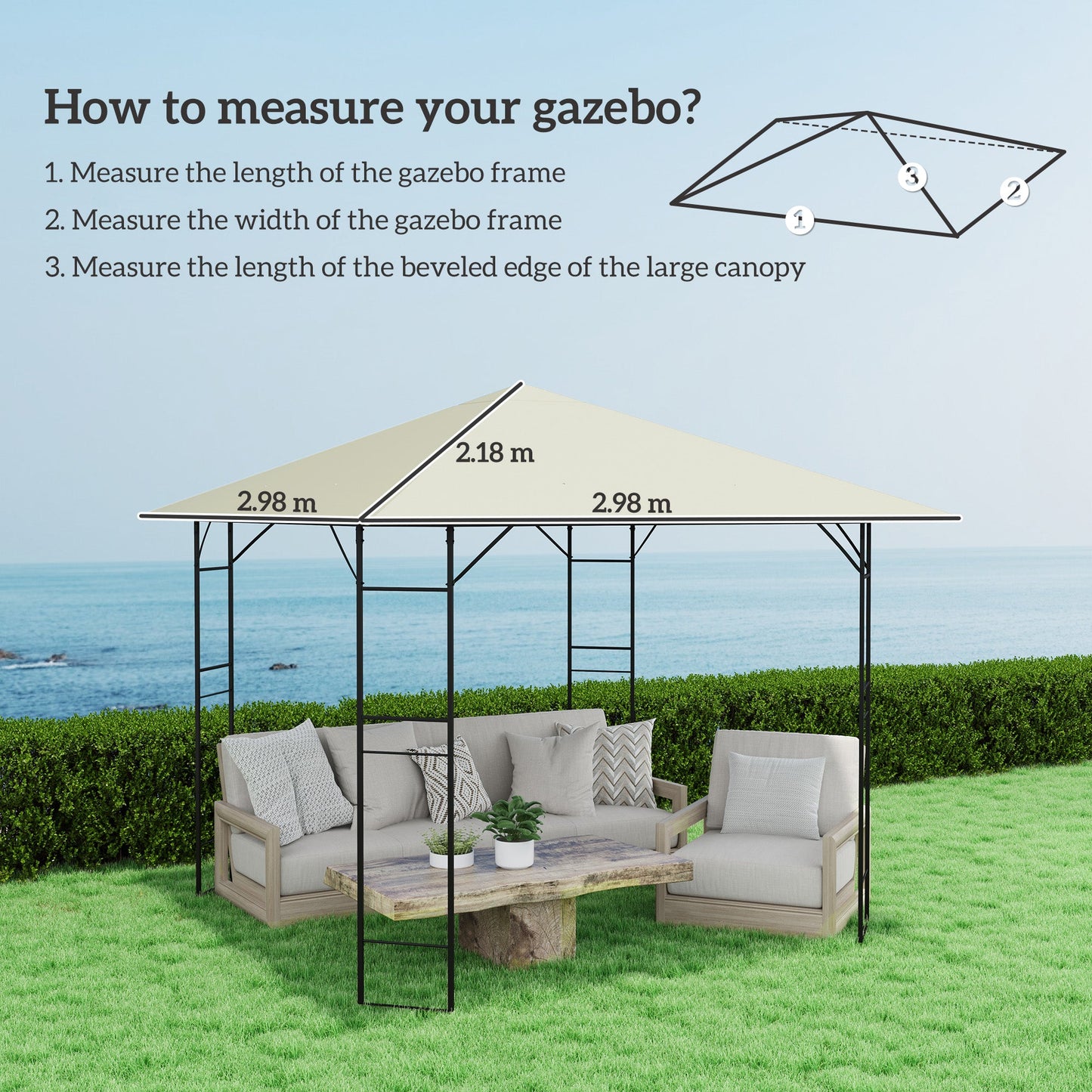 3 x 3(m) Gazebo Canopy Replacement Cover, Garden Gazebo Roof Replacement with Drain Holes, Water Resistant PVC Coating, 370g/㎡, UPF30+, TOP COVER ONLY, Cream White